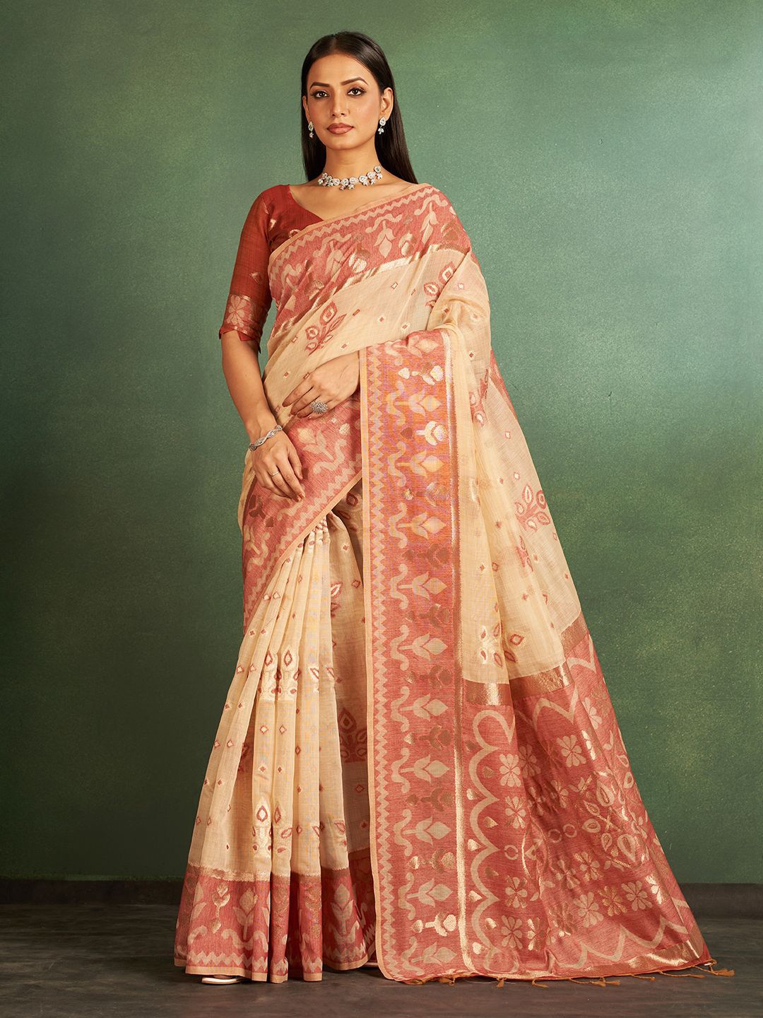 

SARHA Woven Design Zari Pure Cotton Saree, Beige
