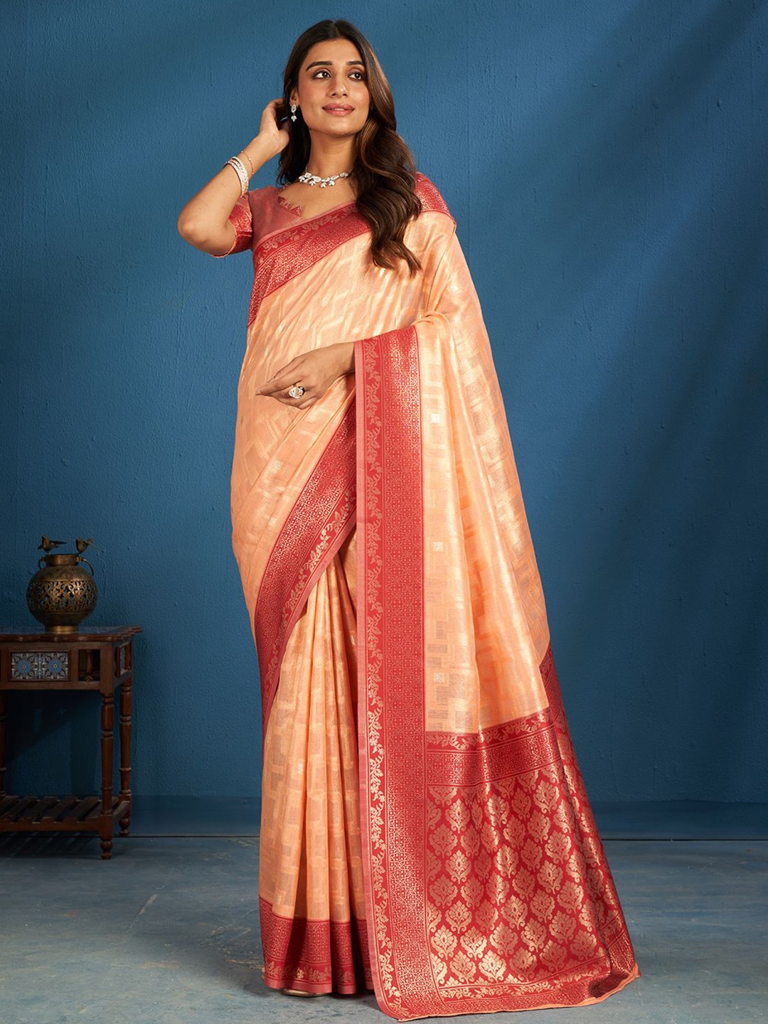 

SARHA Woven Design Zari Tissue Saree, Peach