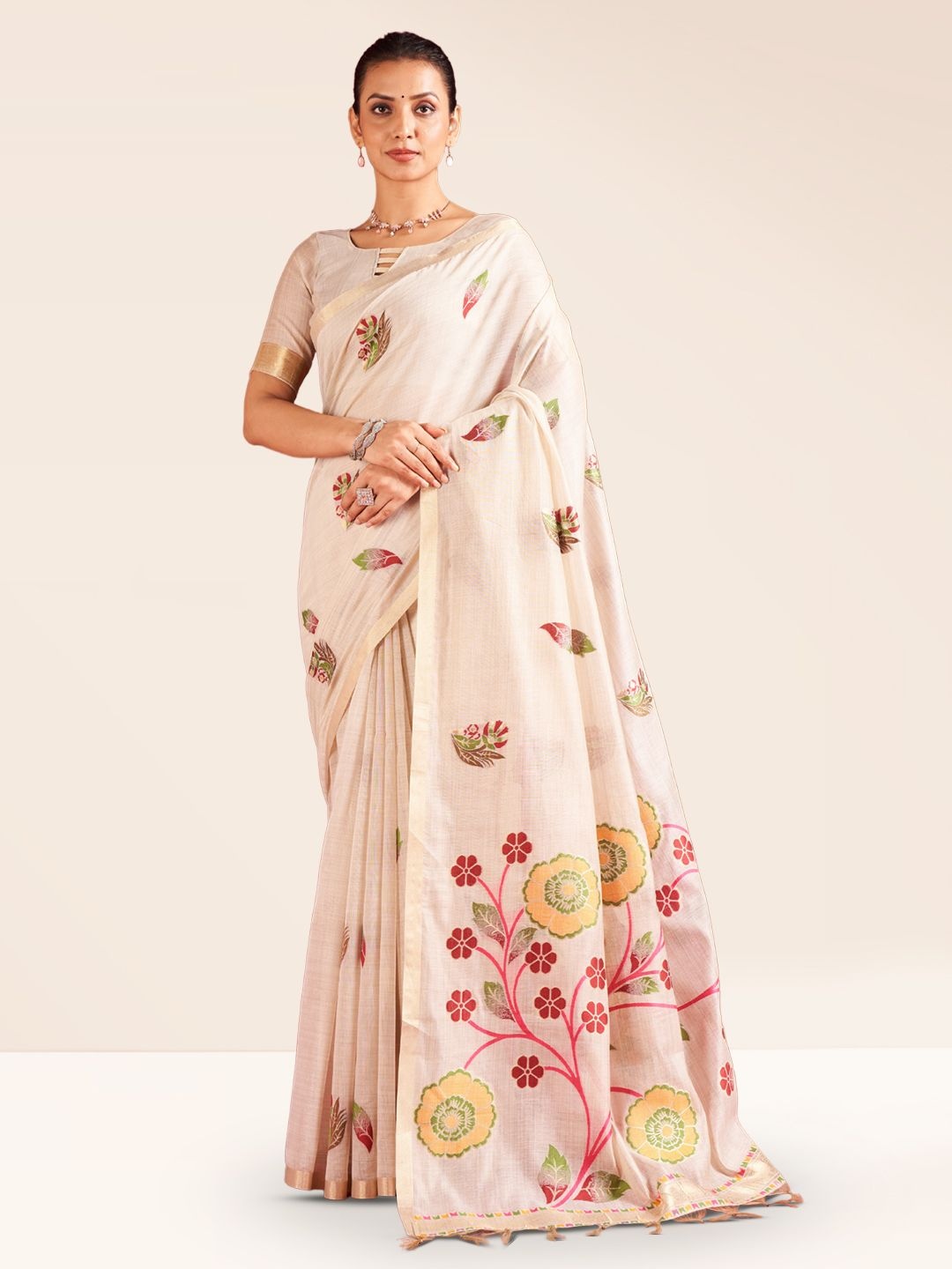 

SARHA Floral Woven Design Zari Pure Cotton Saree, Cream