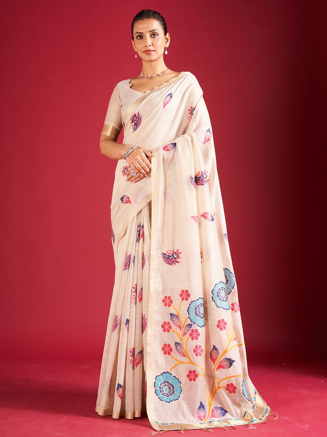 

SARHA Floral Printed Zari Pure Cotton Saree, White