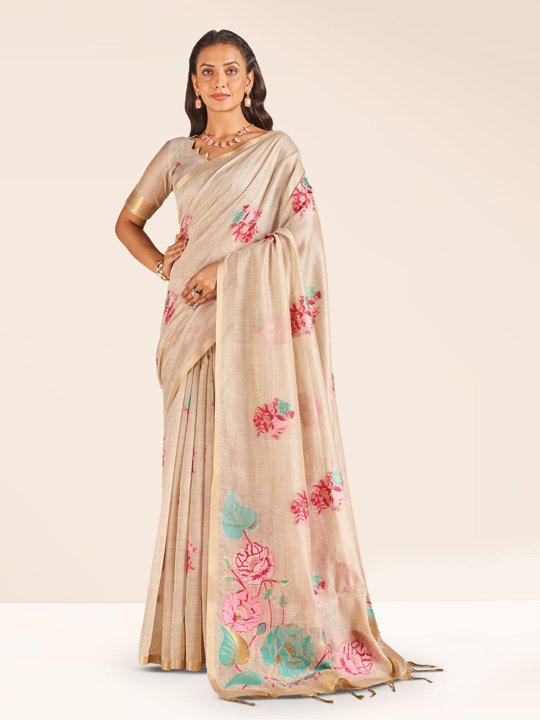 

SARHA Floral Woven Design Zari Pure Cotton Saree, Cream