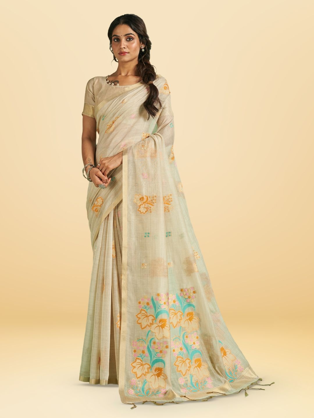 

SARHA Floral Zari Pure Cotton Saree, Yellow