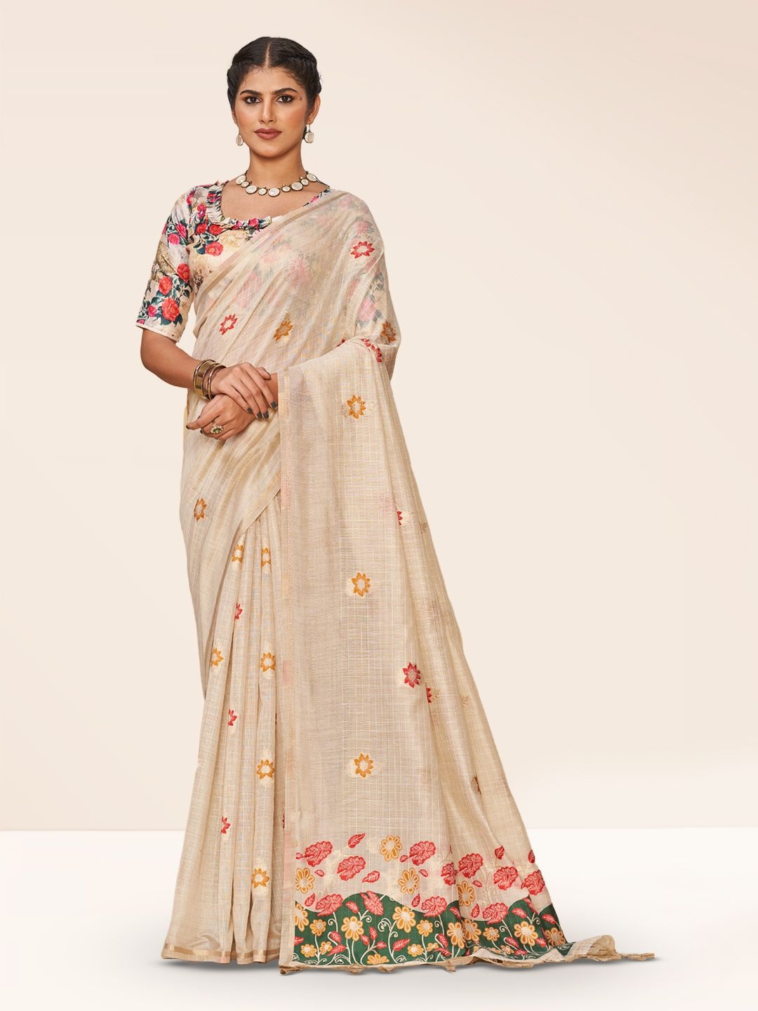 

SARHA Floral Zari Pure Cotton Saree, Beige