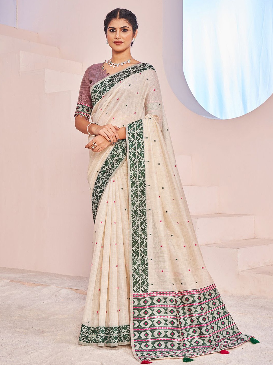 

SARHA Woven Design Zari Pure Cotton Saree, Cream