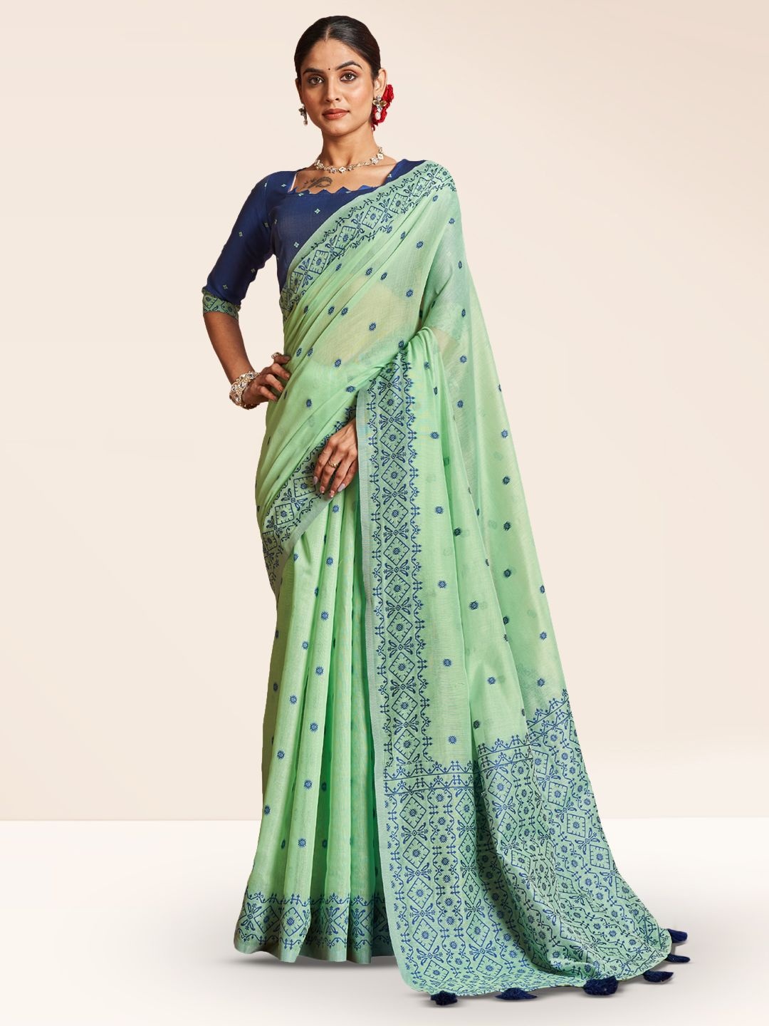 

SARHA Floral Printed Woven Design Pure Cotton Saree, Green