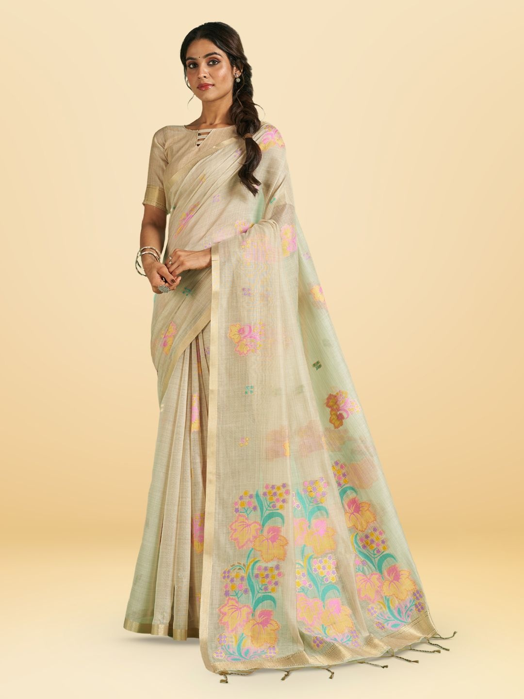 

SARHA Floral Printed Zari Pure Cotton Saree, Off white