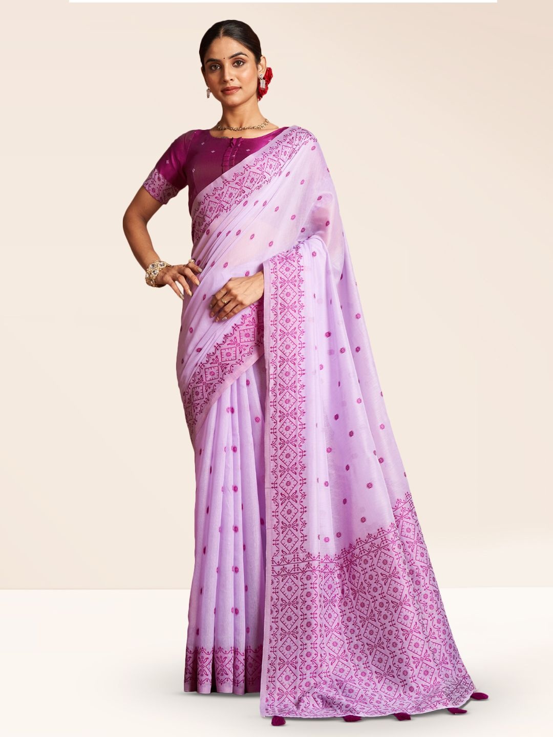 

SARHA Floral Woven Design Pure Cotton Saree, Lavender