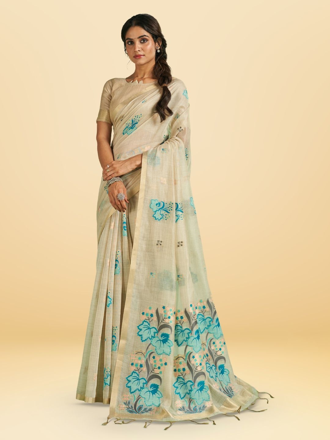 

SARHA Floral Zari Pure Cotton Saree, Beige