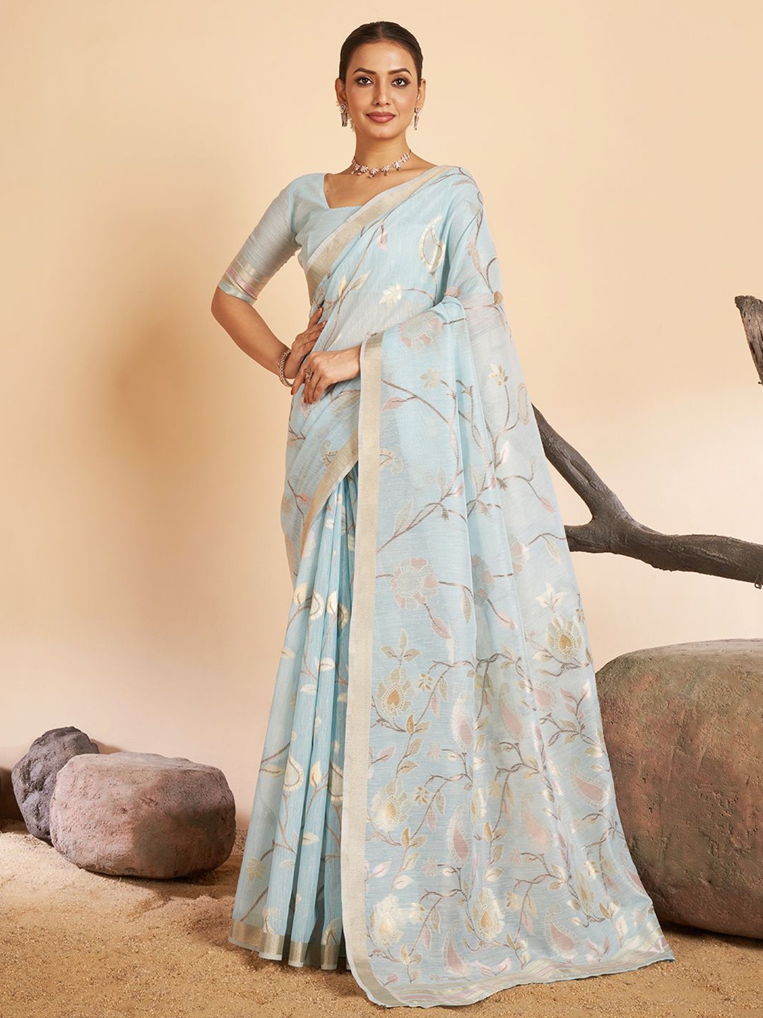 

SARHA Floral Woven Design Zari Pure Cotton Saree, Blue