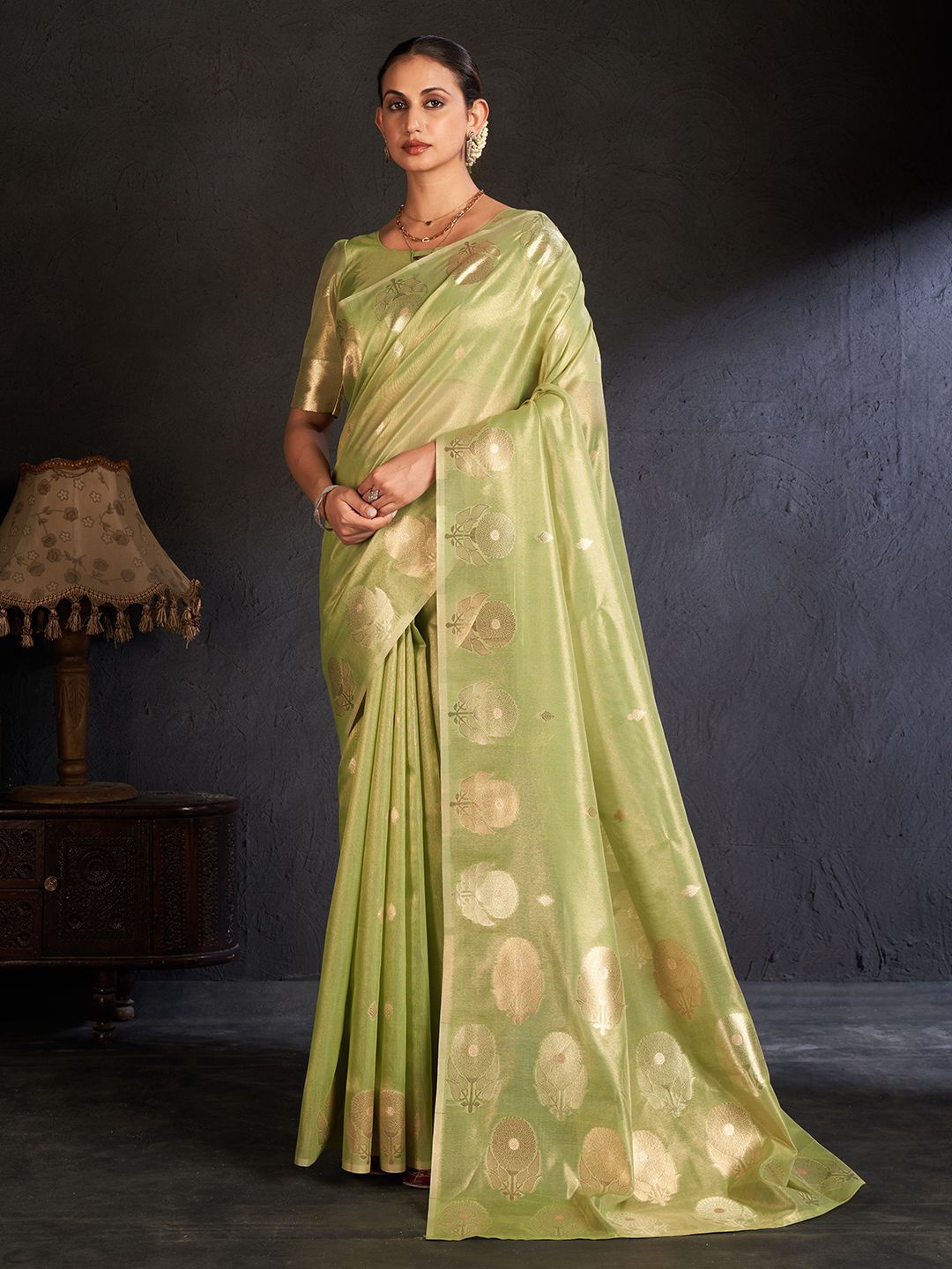 

SARHA Ethnic Motifs Woven Design Zari Tissue Saree, Green