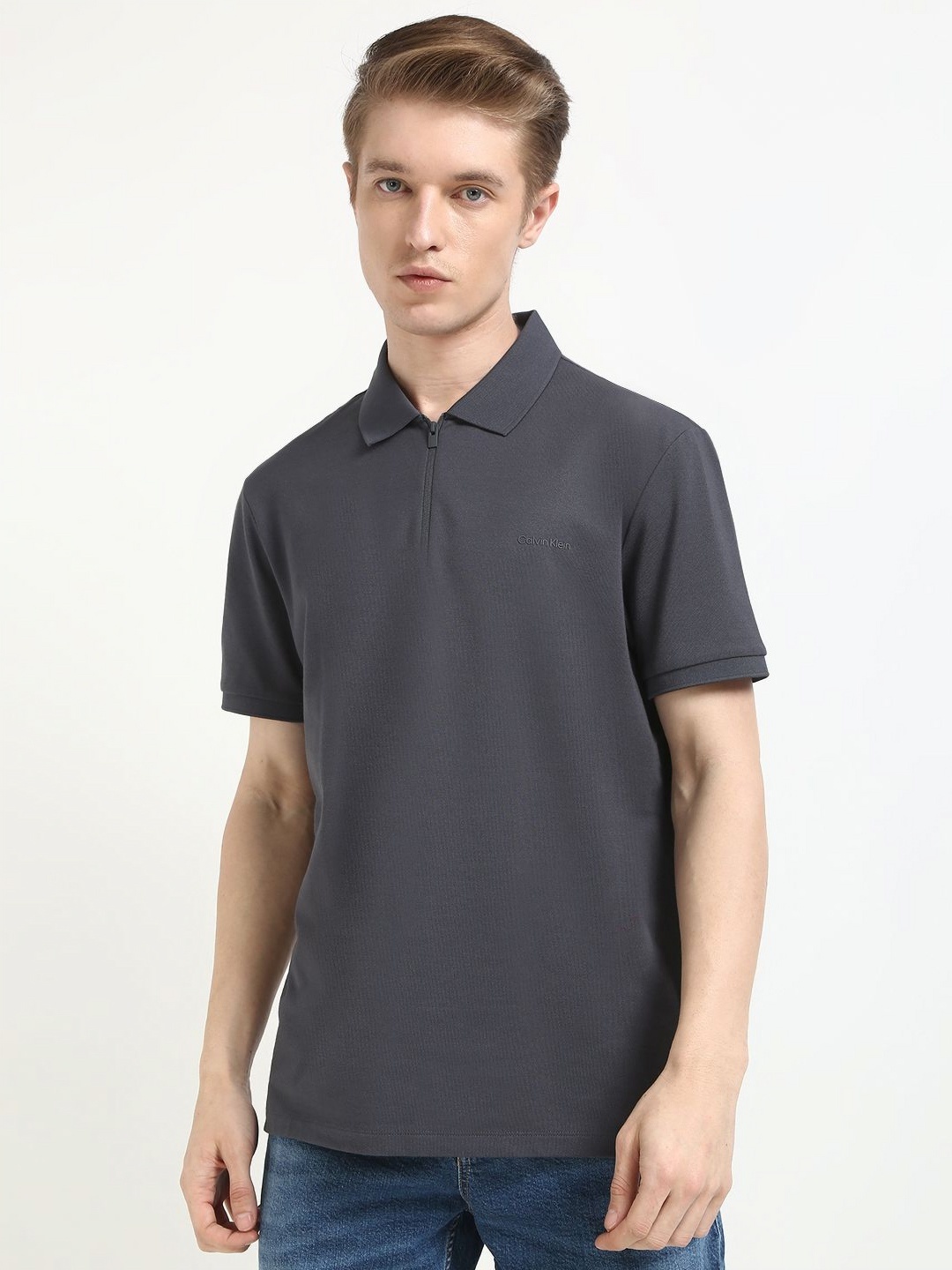 

Calvin Klein Jeans Men Solid Polo Collar Cotton T-shirt, Grey
