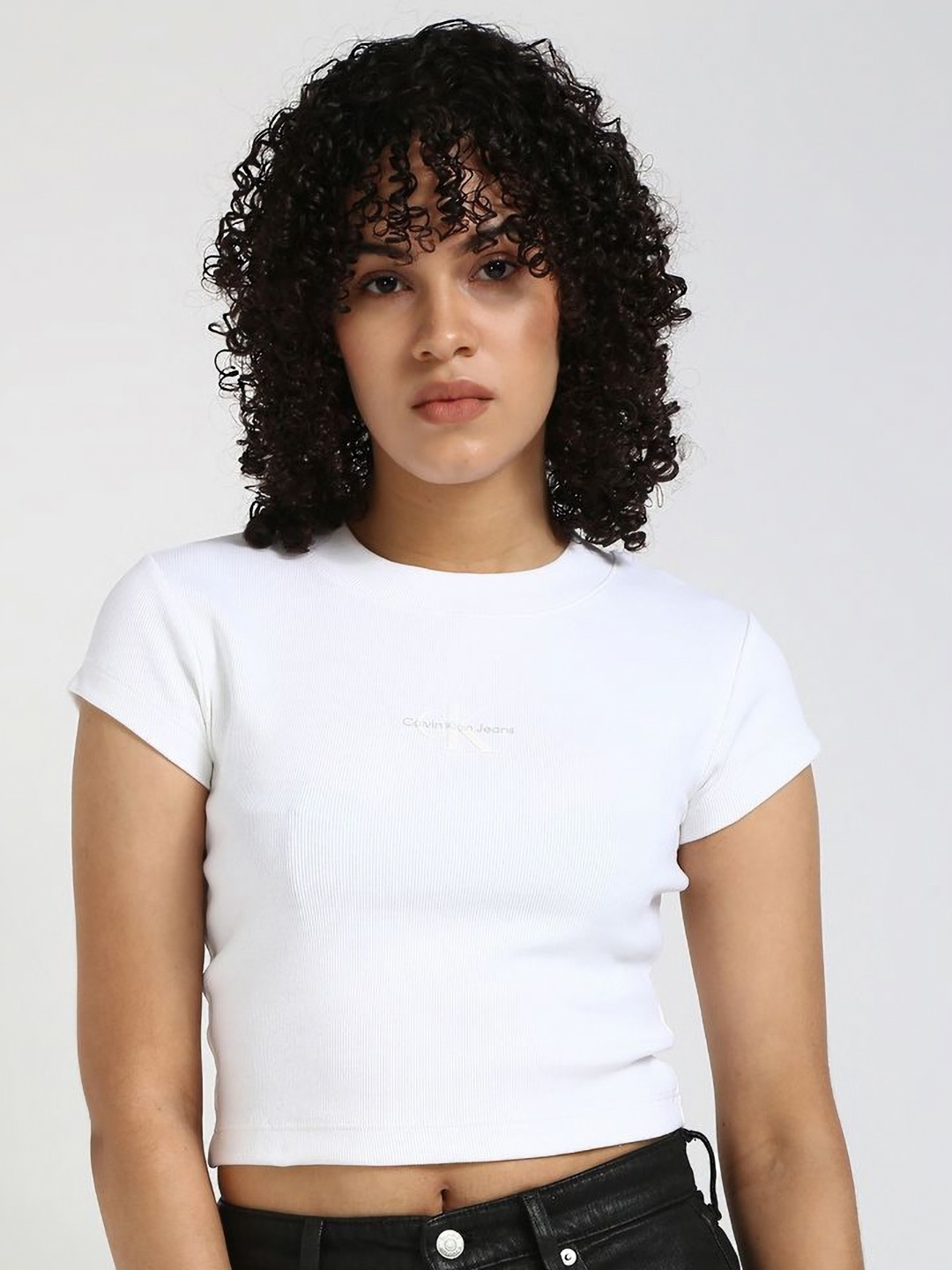 

Calvin Klein Jeans Women Typography Printed Round Neck Cotton T-shirt, White