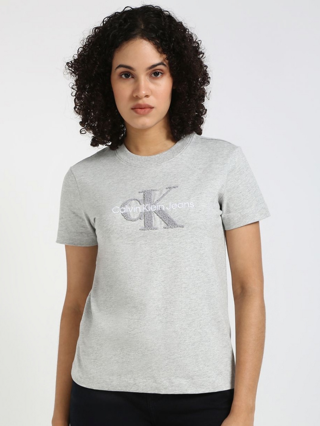 

Calvin Klein Jeans Women Typography Printed Round Neck Cotton T-shirt, Grey