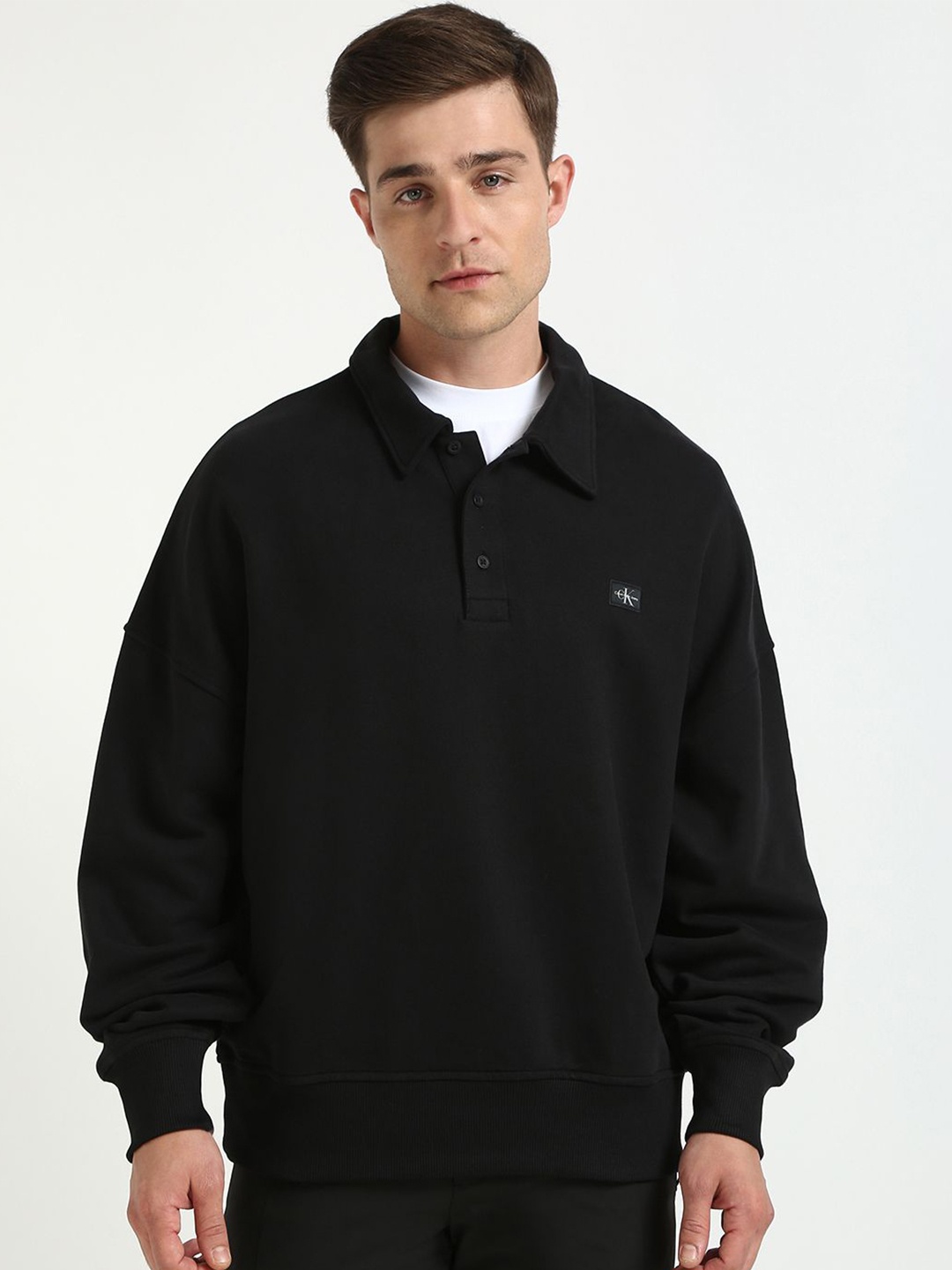 

Calvin Klein Jeans Men Shirt Collar Pullover Sweatshirt, Black