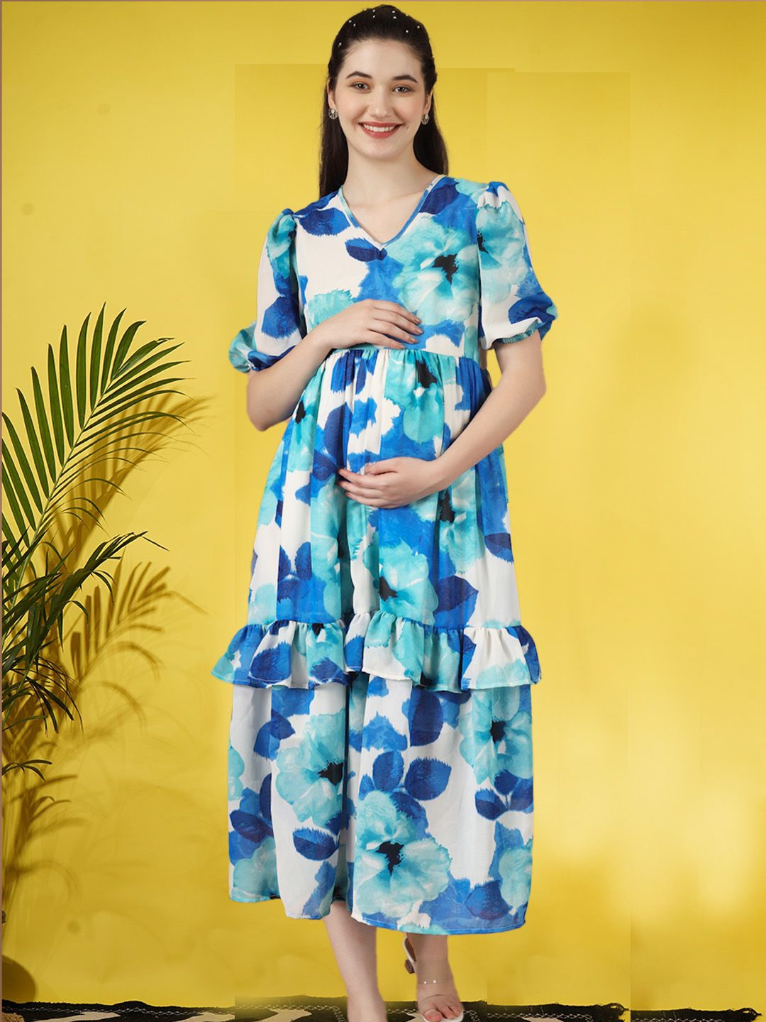 

angloindu Women Floral Printed Puff Sleeve Ruffled Maternity Fit & Flare Maxi Dress, Blue