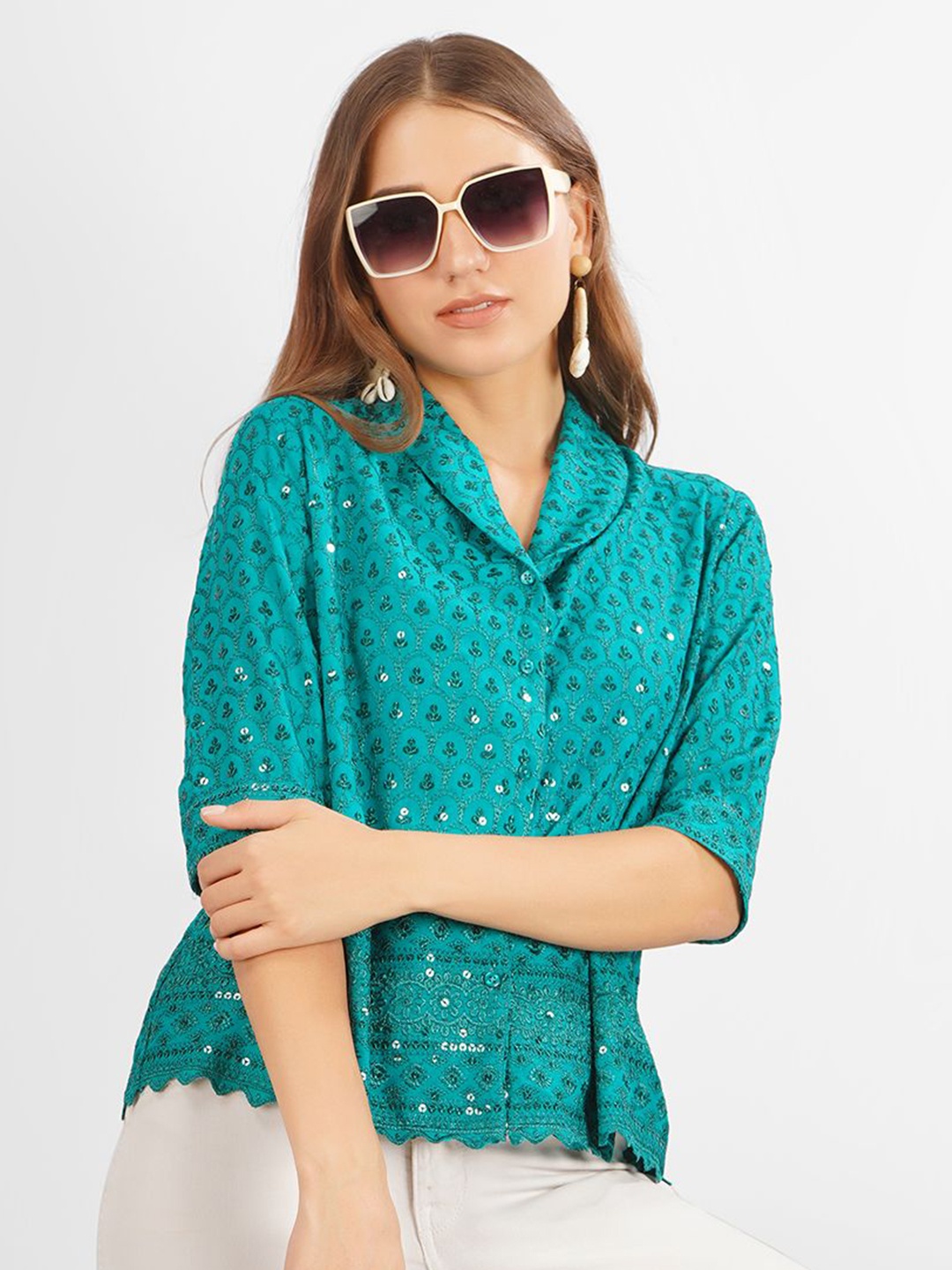 

angloinduWomen Embellished Sequined Printed Cotton Shirt Style Top, Teal