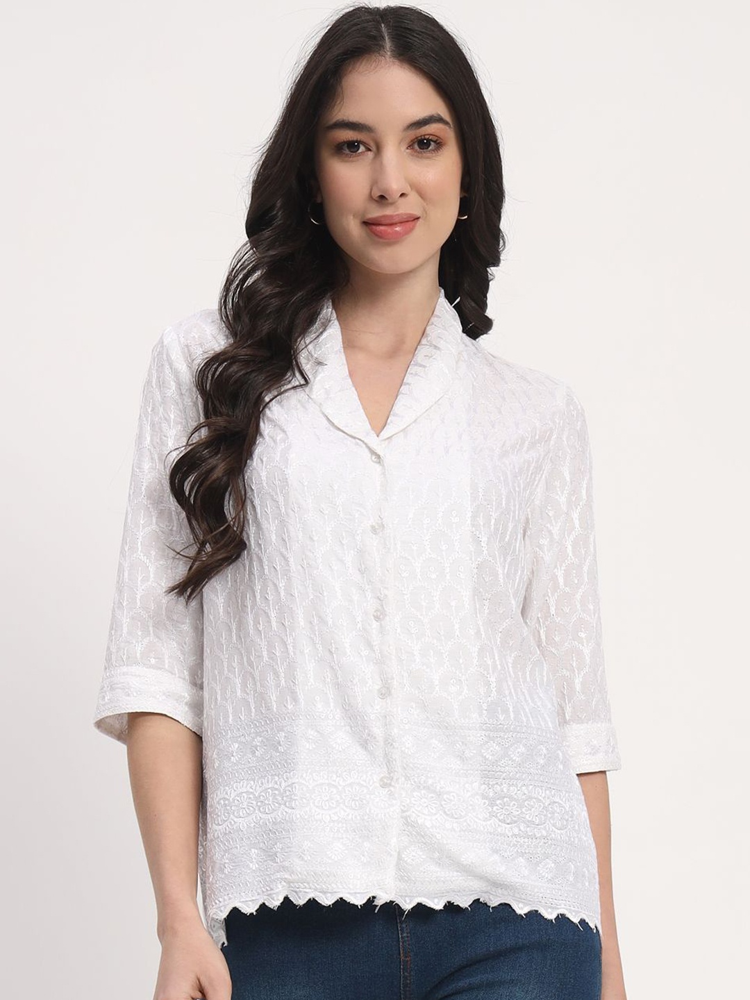 

angloindu Women Embellished Pure Cotton Shirt Style Top, White