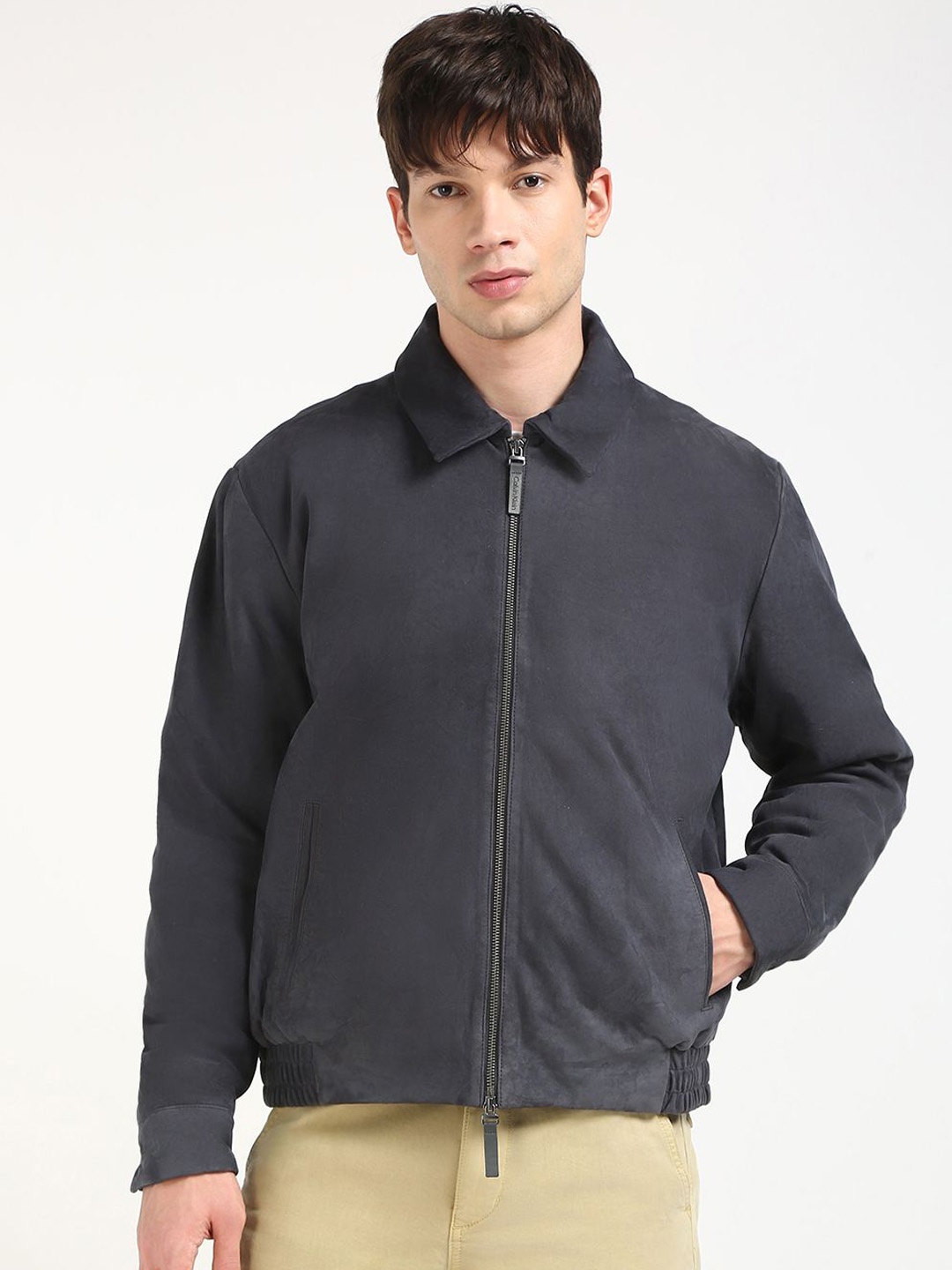 

Calvin Klein Jeans Men Spread Collar Solid Casual Tailored Jacket, Charcoal