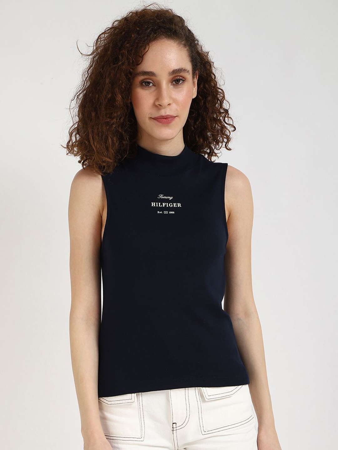 

Tommy Hilfiger Women Typography Printed Round Neck Cotton Slim Fit T-shirt, Navy blue