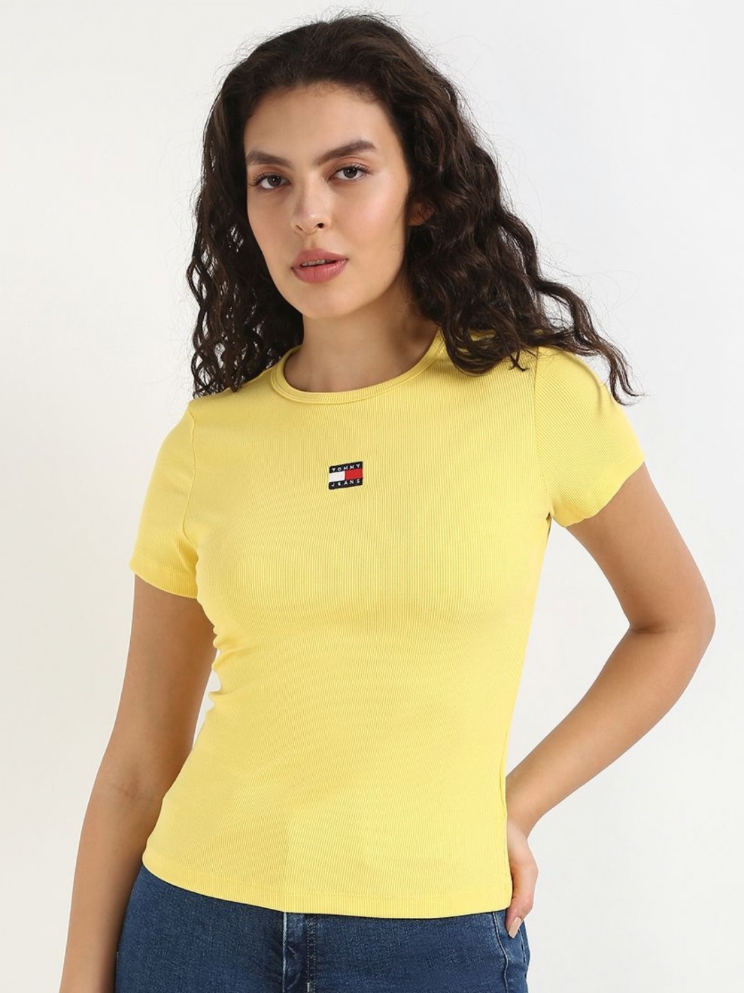 

Tommy Hilfiger Women Solid Round Neck Cotton T-shirt, Yellow