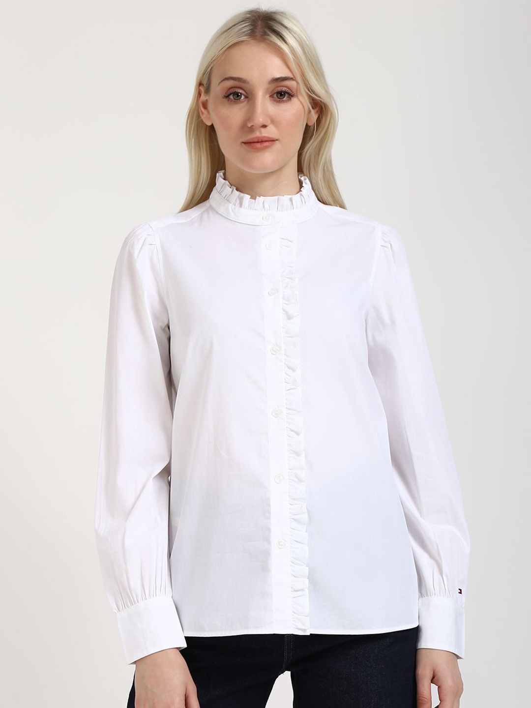 

Tommy Hilfiger Women Mandarin Collar Solid Relaxed Fit Cotton Casual Shirt, White