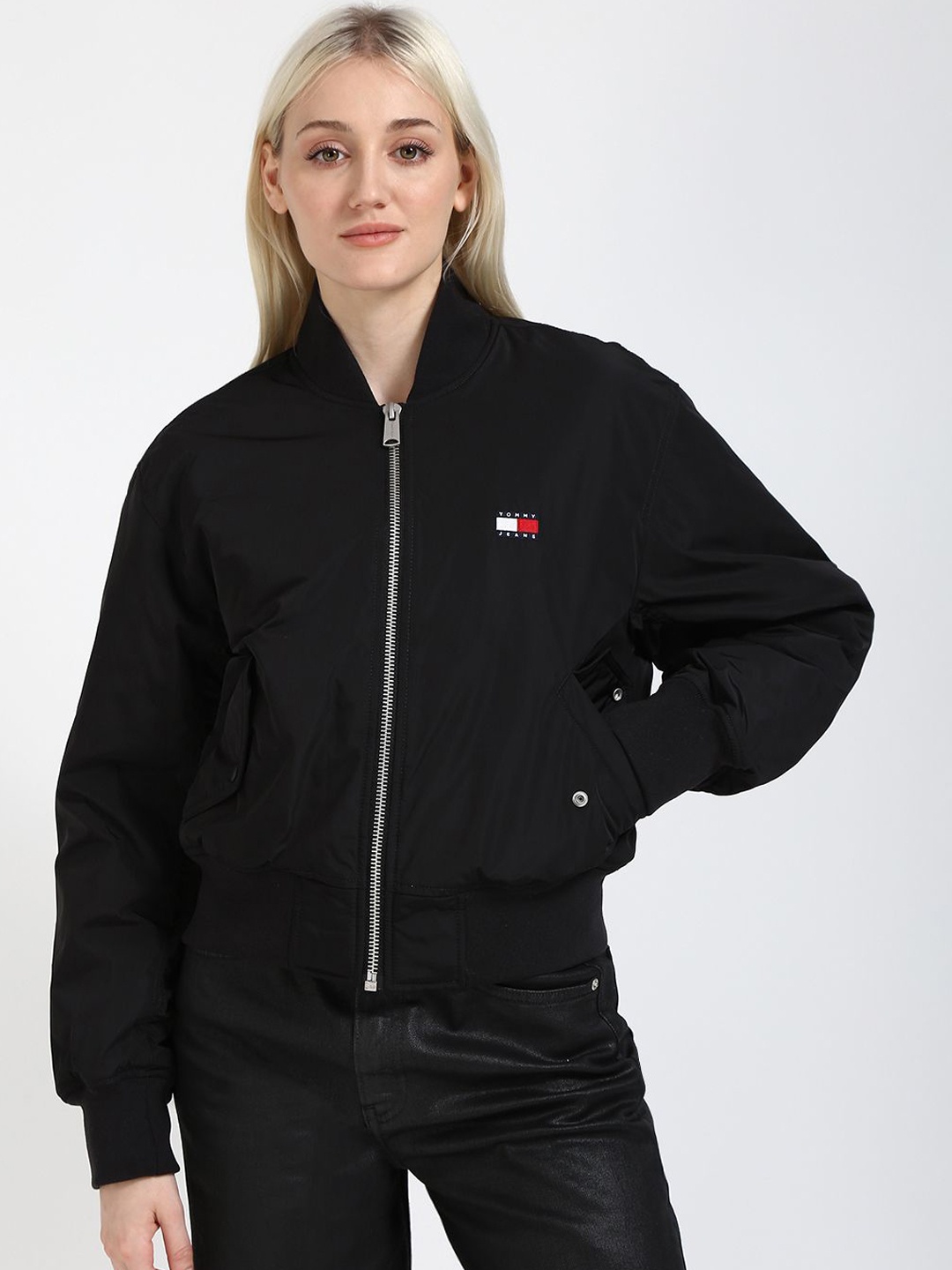 

Tommy Hilfiger Women Stand Collar Solid Casual Bomber Jacket, Black