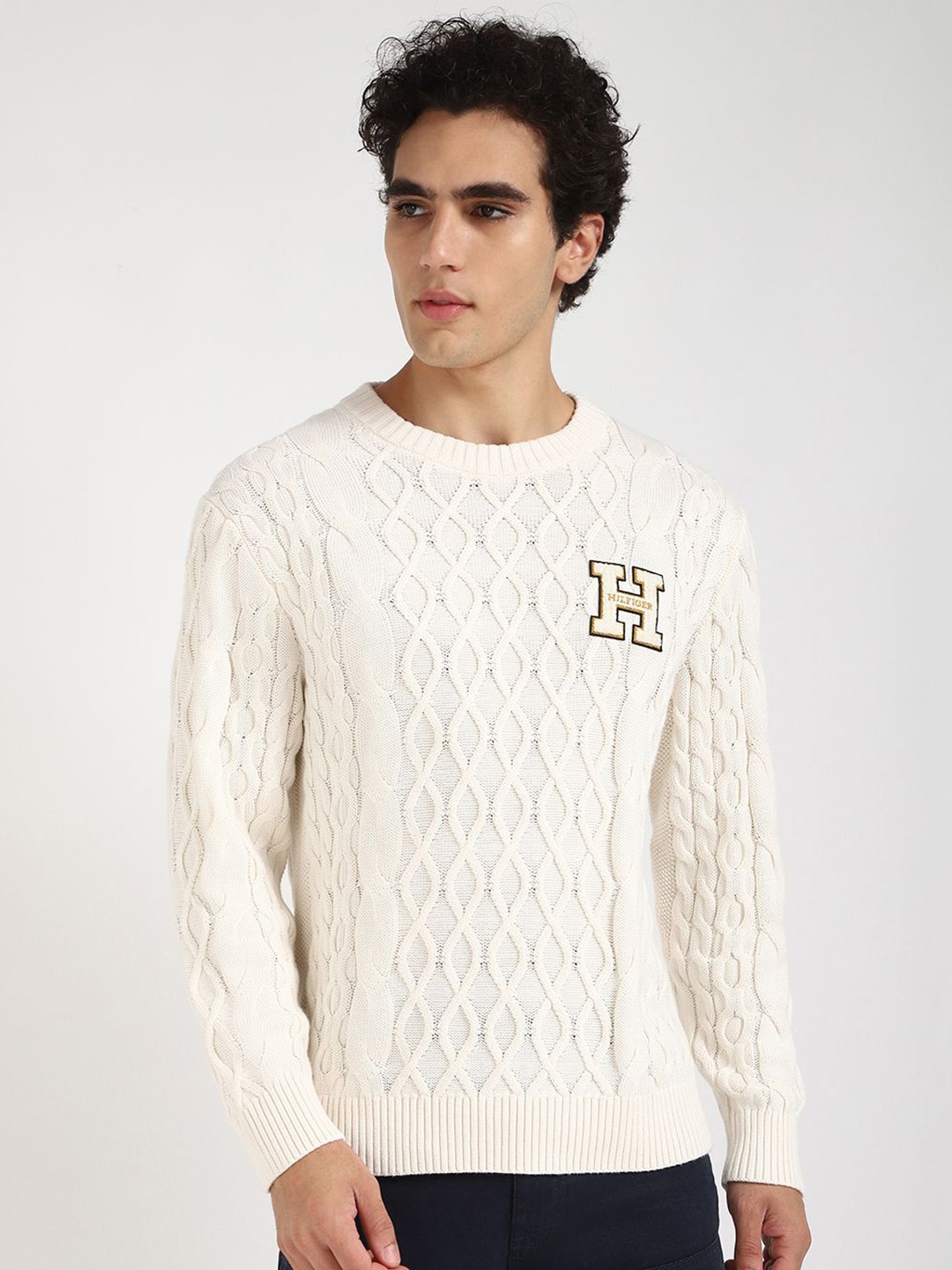 

Tommy Hilfiger Men Cotton Cable Knit Pullover, Off white