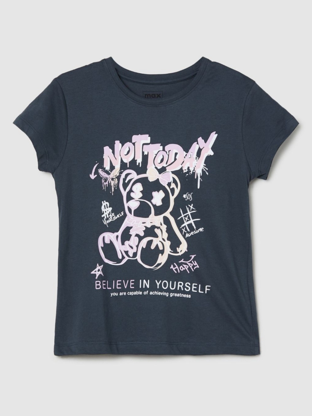 

max Girls Typography Printed Round Neck Cotton T-shirt, Teal