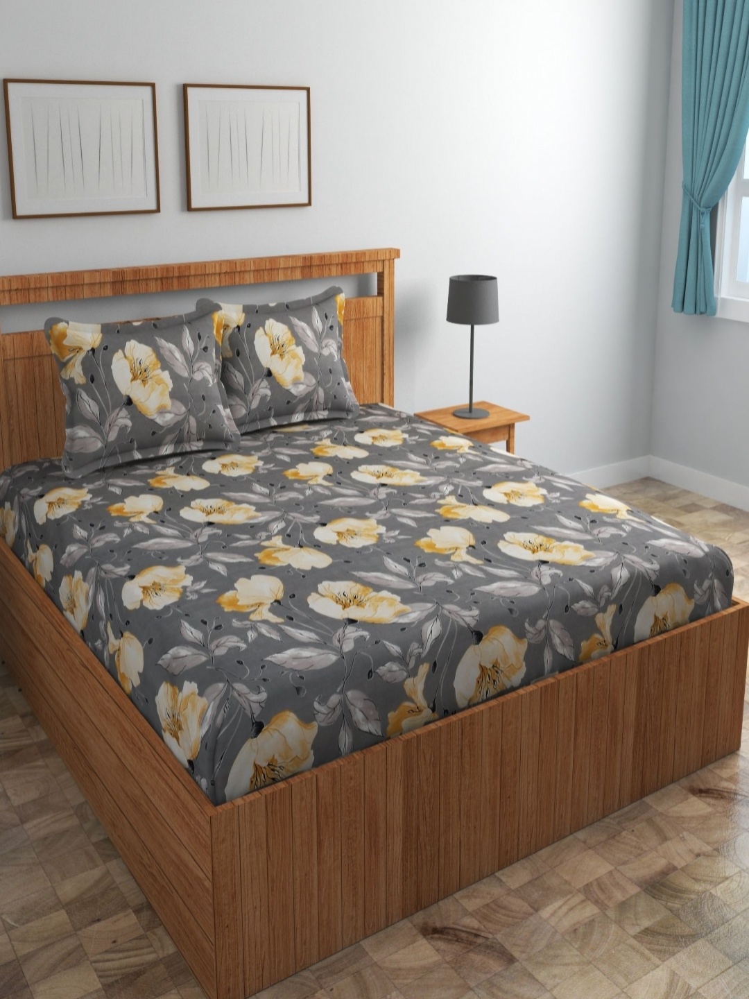 

Aura Grey & Yellow Floral Microfiber 180 TC Queen Bedsheet Set 2.25 m x 2.30 m