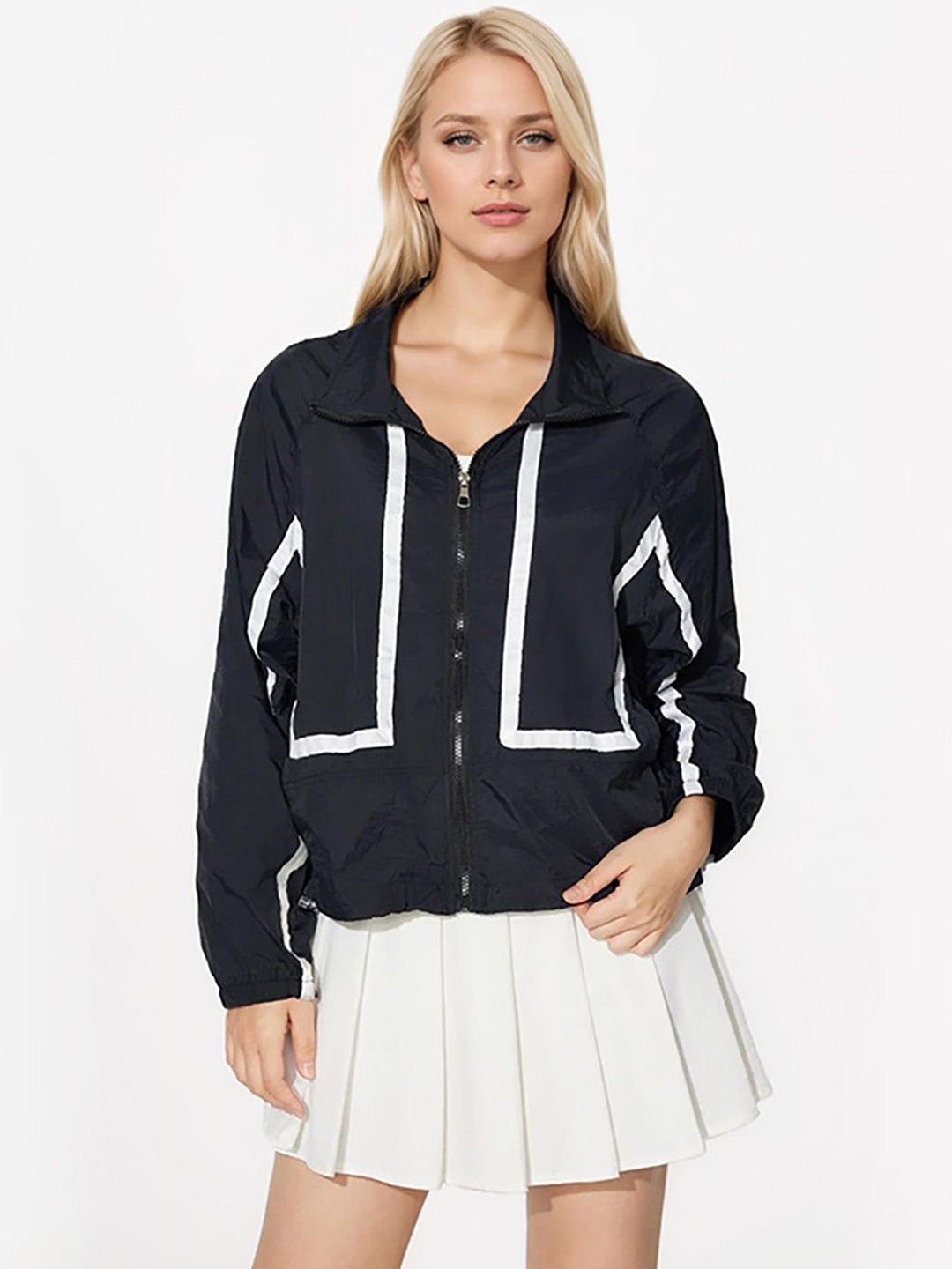 

JC Mode Women Mock Collar Striped Casual Tailored Jacket, Black