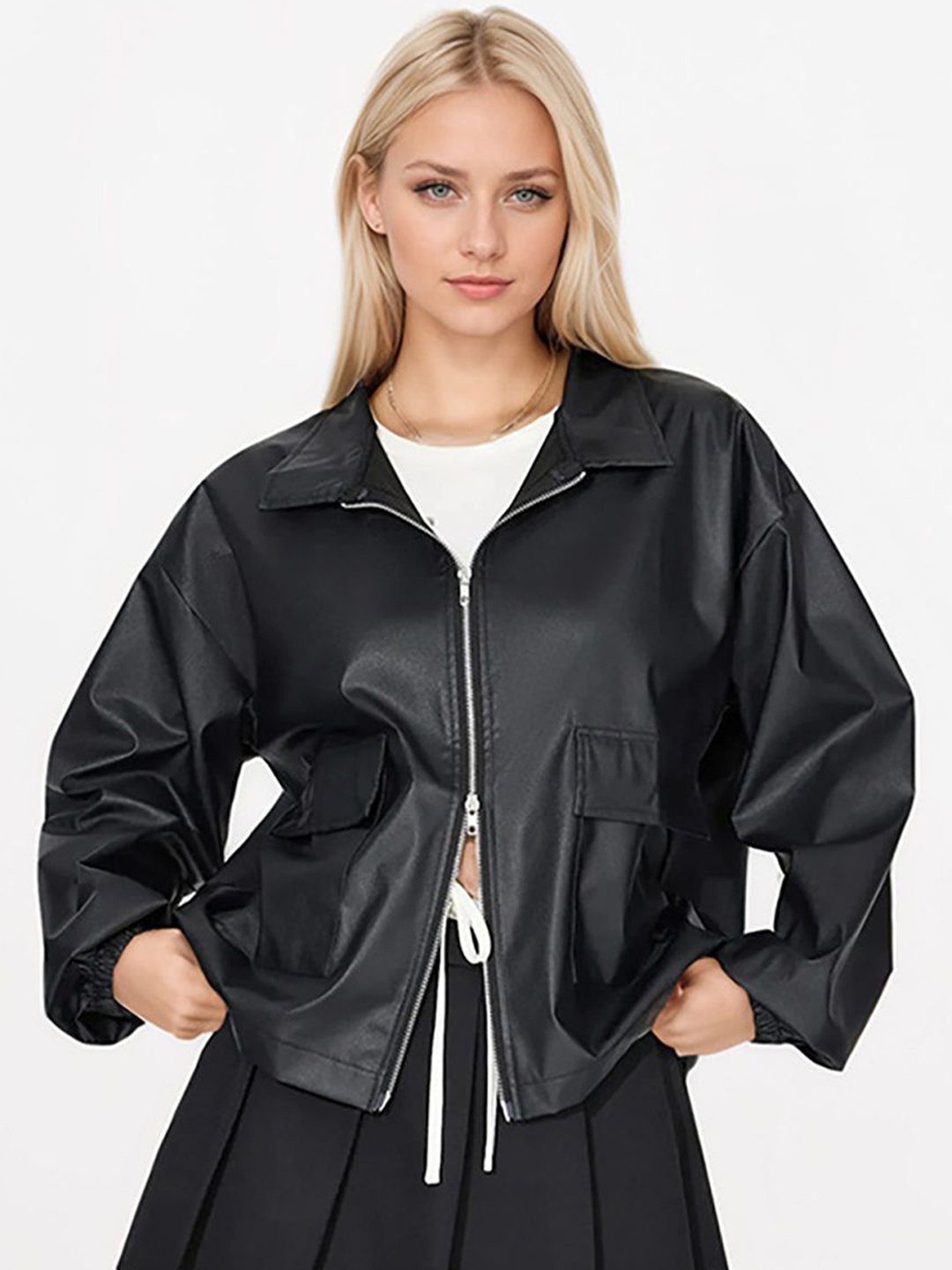 

JC Mode Women Spread Collar Solid Casual Leather Jacket, Black