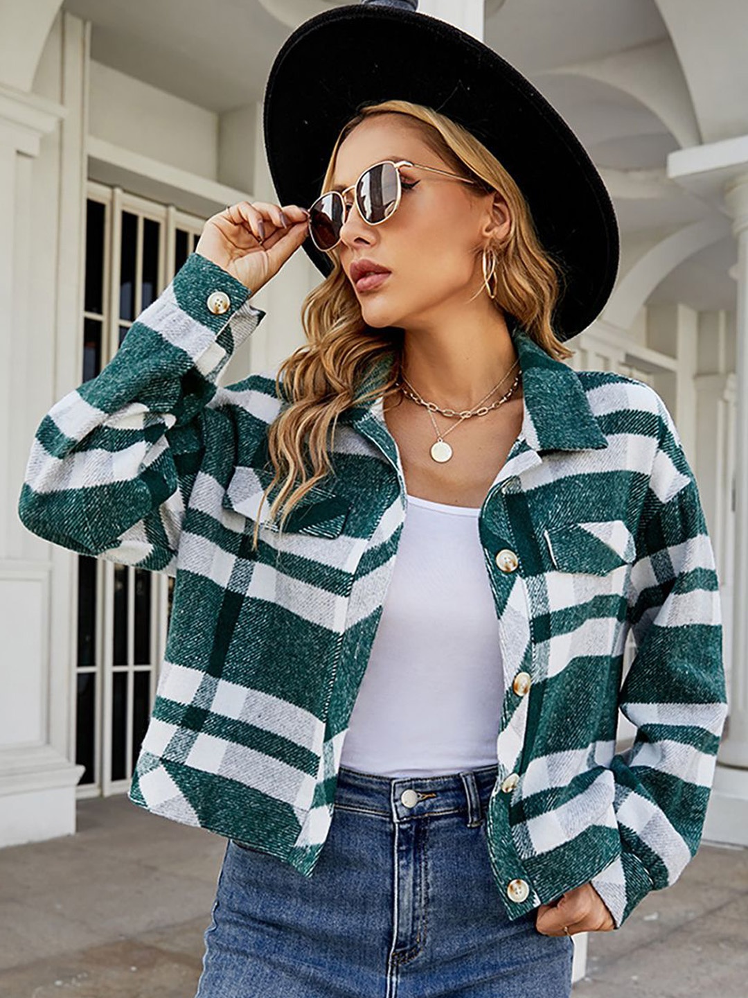 

JC Mode Women Checked Spread Collar Shackets, Green