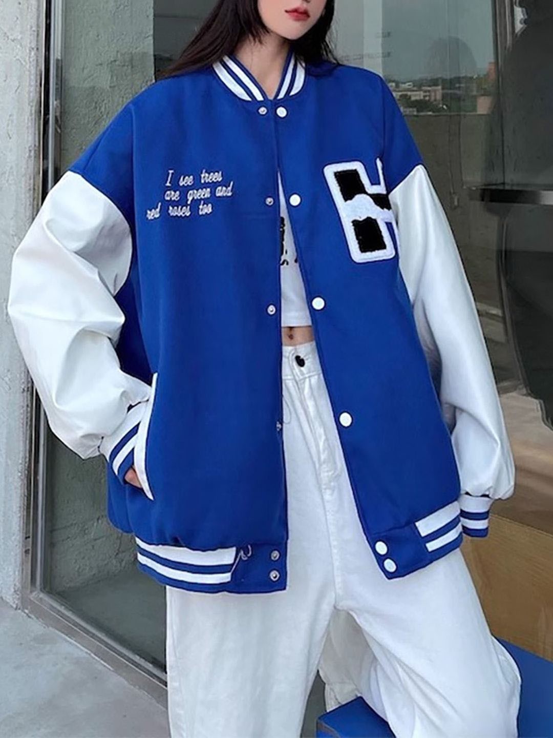 

JC Mode Women Stand Collar Typography Printed Casual Varsity Jacket, Blue