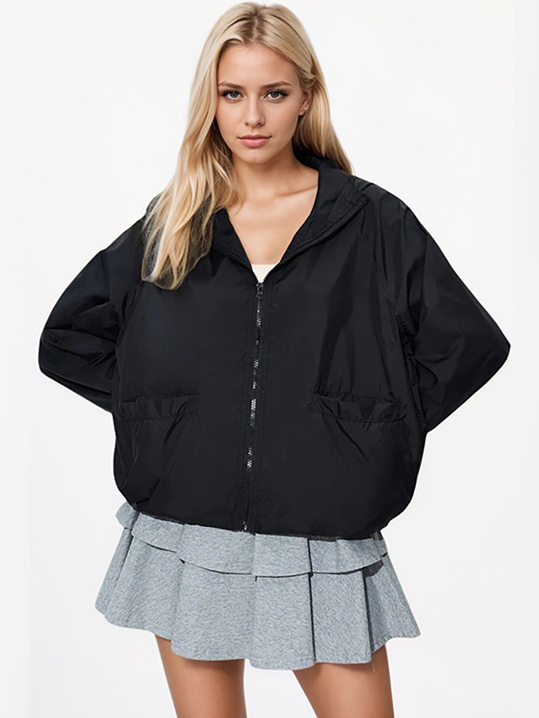 

JC Mode Women Hooded Solid Casual Bomber Jacket, Black