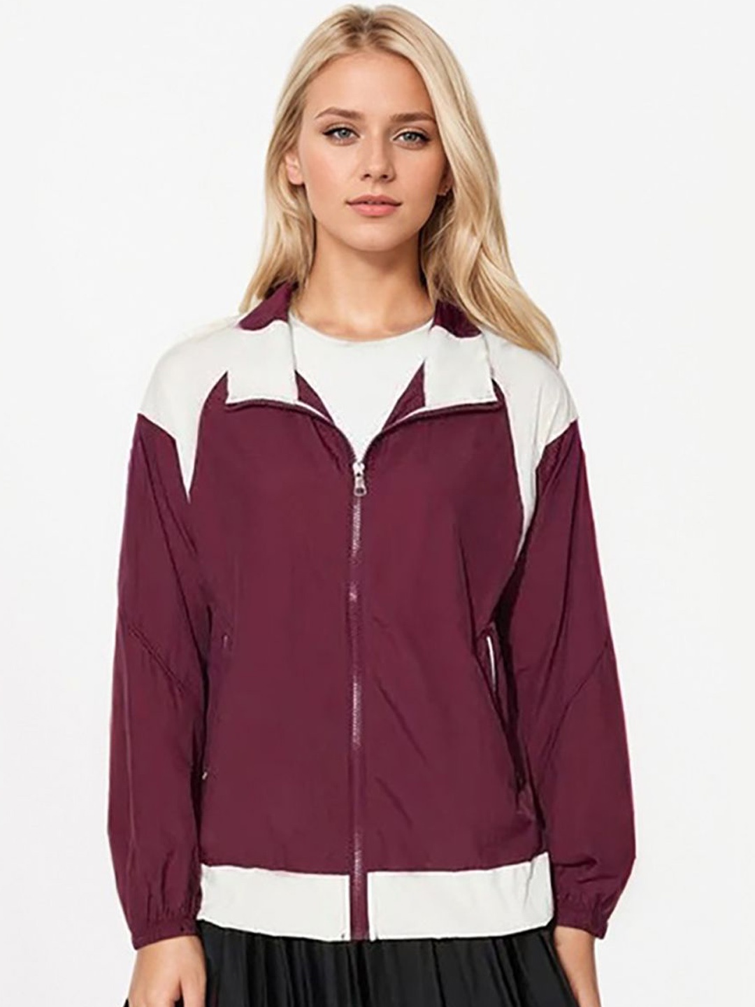 

JC Mode Women Mock Collar Colourblocked Sporty Jacket, Maroon