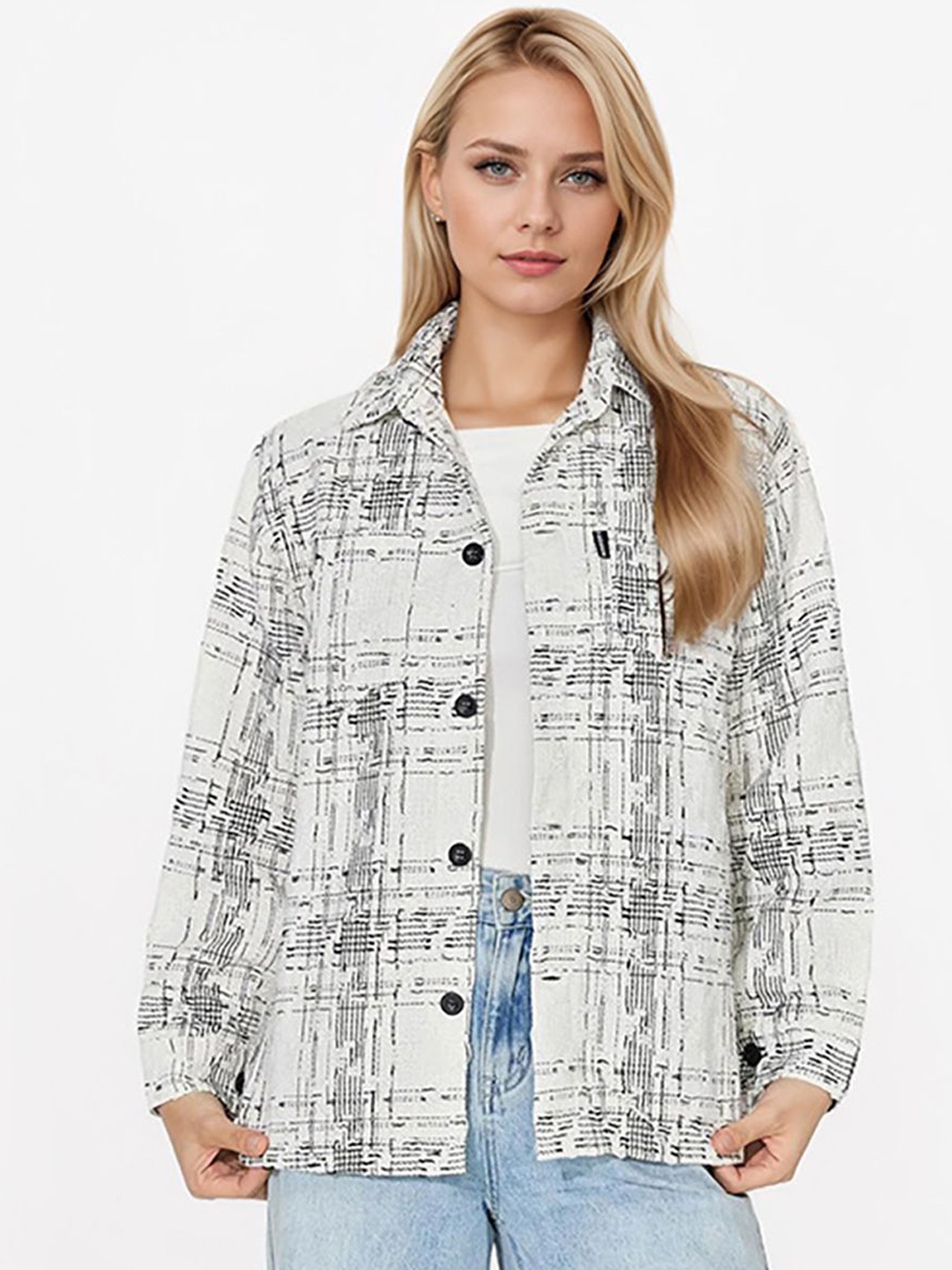 

JC Mode Women Abstract Printed Spread Collar Shackets, White