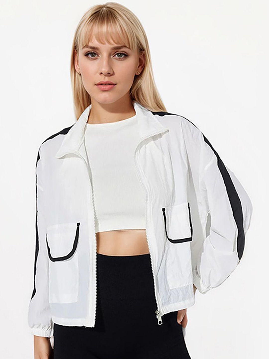 

JC Mode Women Mock Collar Striped Sporty Jacket, White