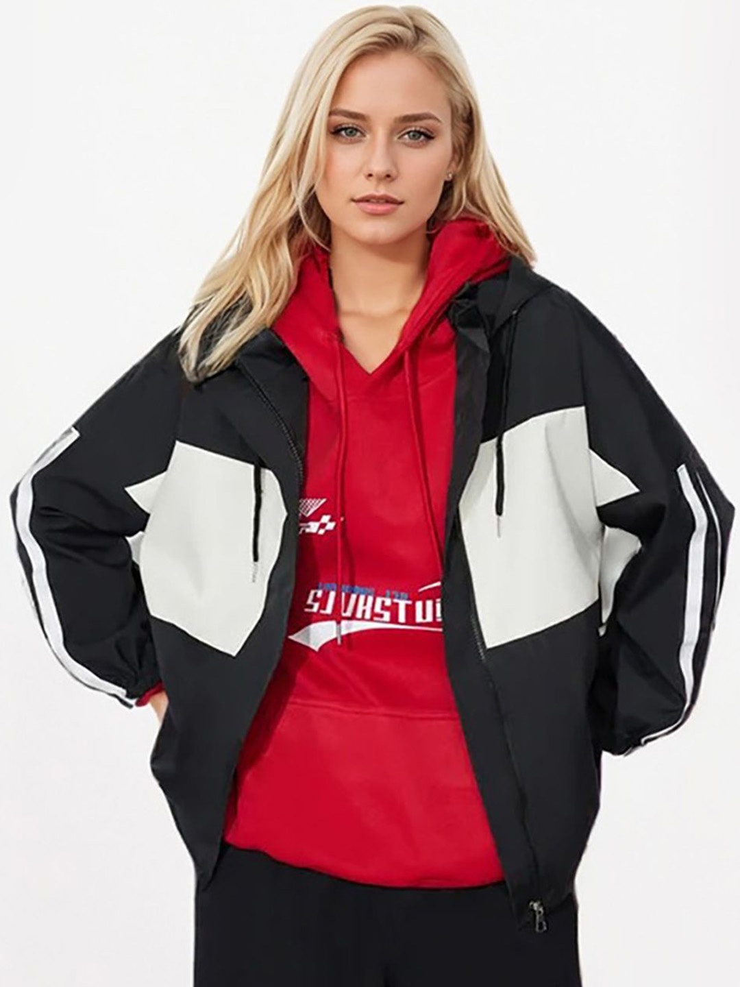 

JC Mode Women Hooded Colourblocked Sporty Jacket, Black