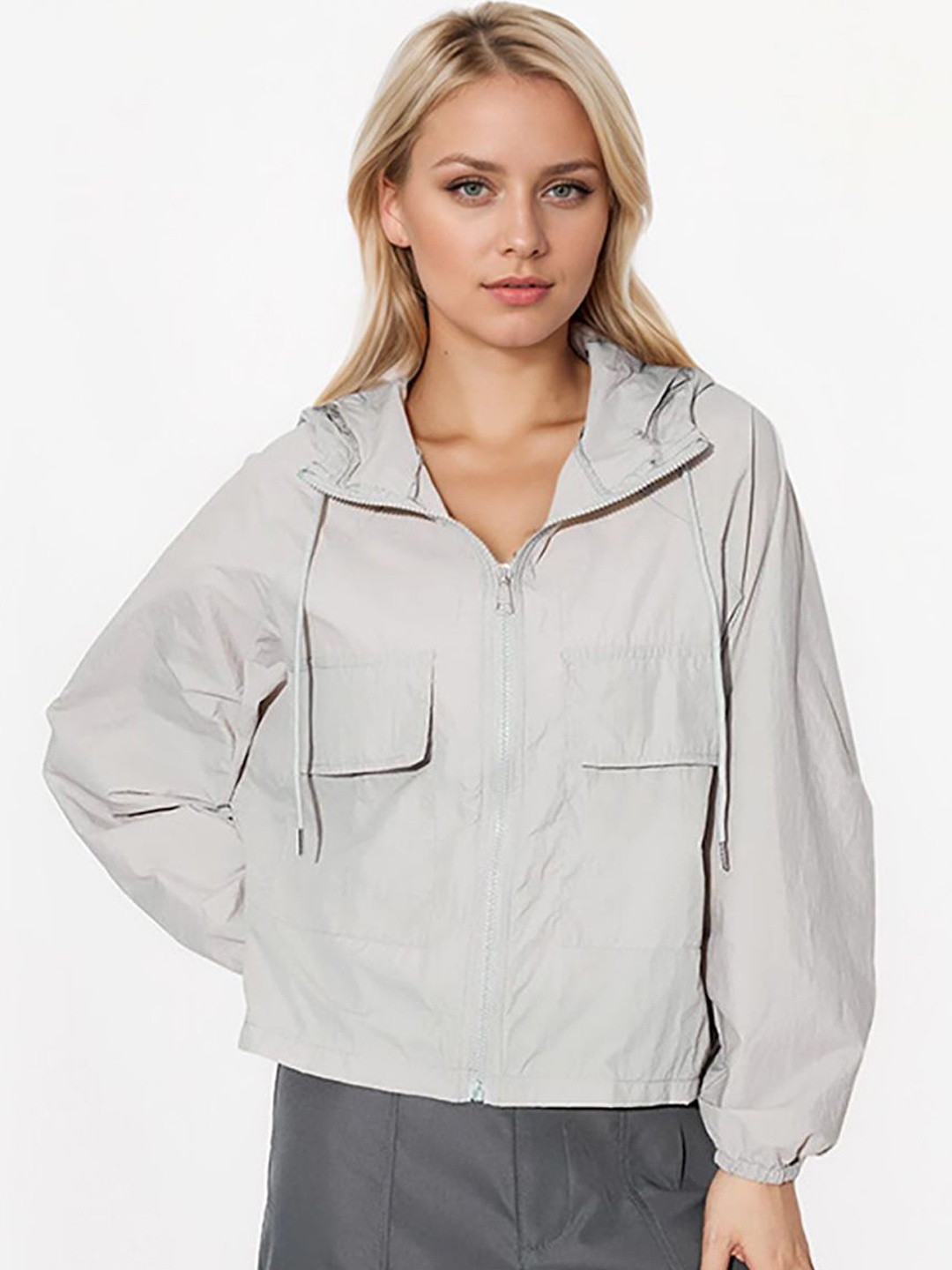 

JC Mode Women Hooded Solid Casual Bomber Jacket, Grey