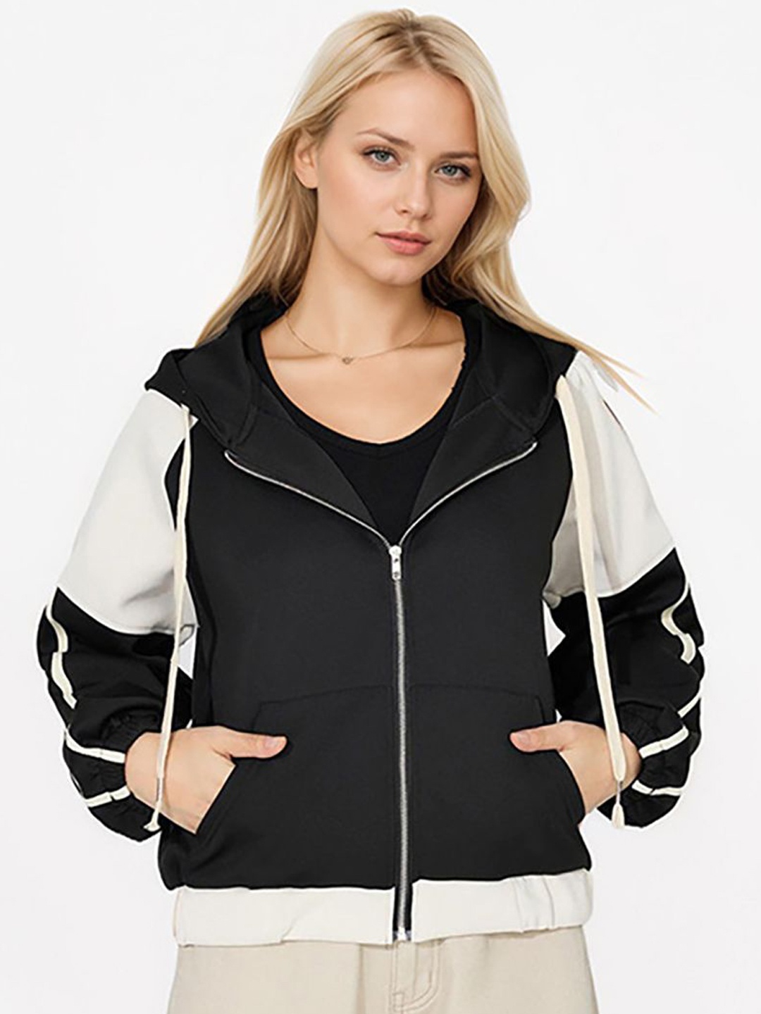 

JC Mode Women Hooded Colourblocked Casual Bomber Jacket, Black