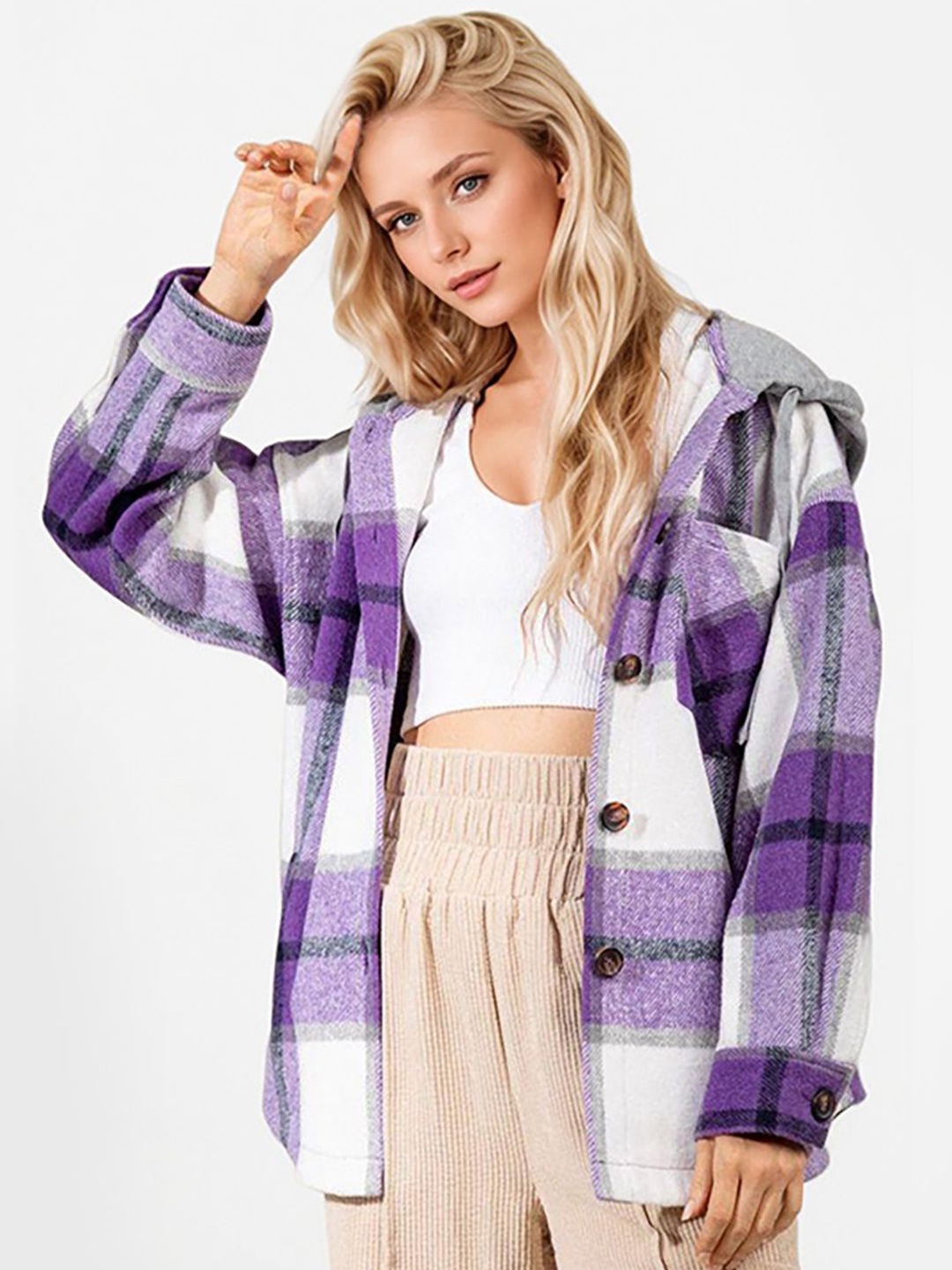 

JC Mode Women Checked Hooded Oversized Shackets, Purple