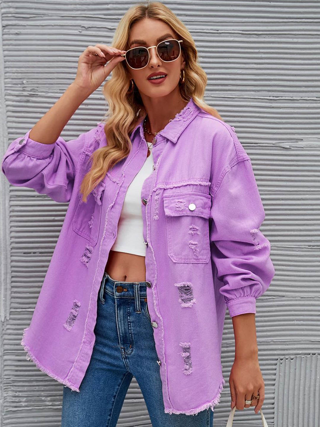 

JC Mode Women Spread Collar Self Design Casual Denim Jacket, Purple