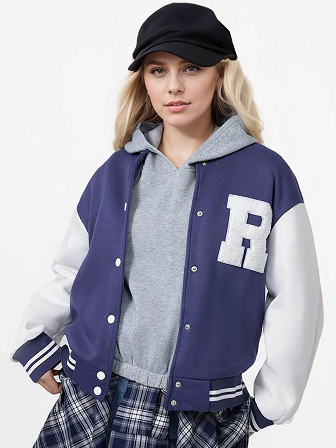 

JC Mode Women Stand Collar Typography Embroidered Casual Varsity Jacket, Navy blue