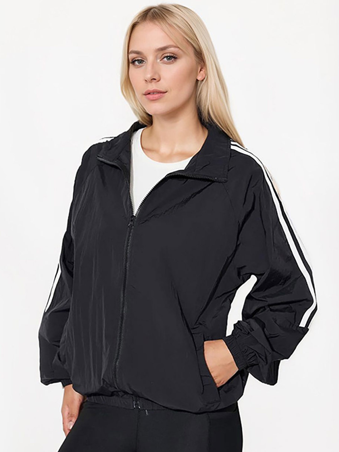 

JC Mode Women Mock Collar Striped Sporty Jacket, Black