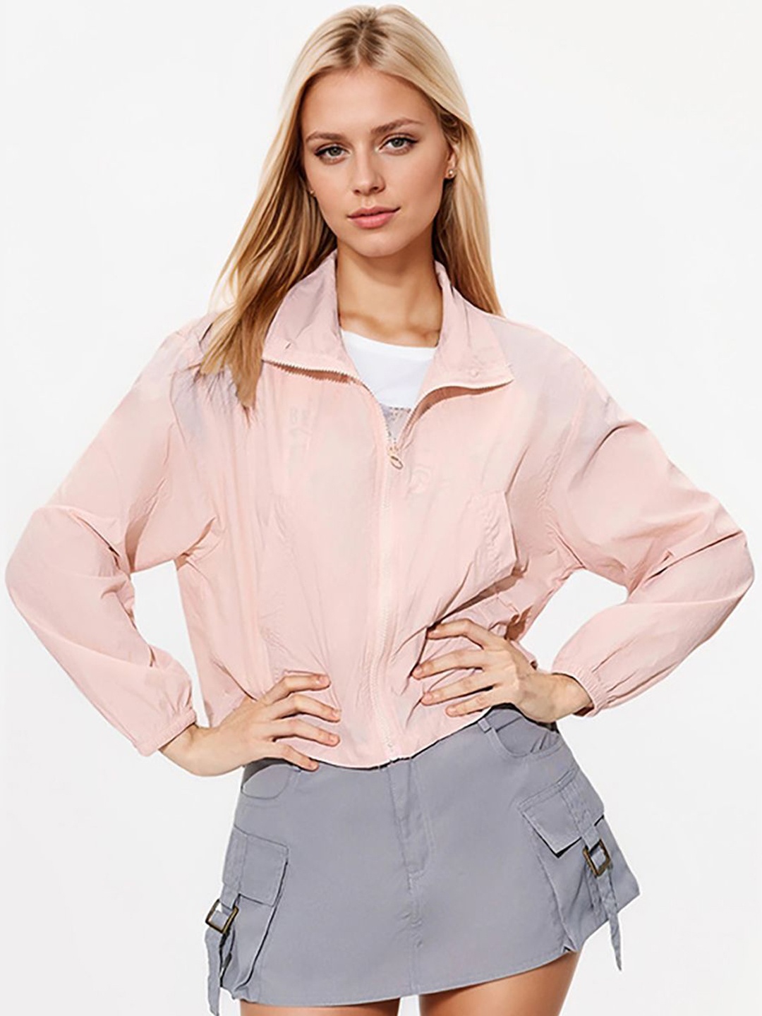 

JC Mode Women Mock Collar Solid Casual Biker Jacket, Pink