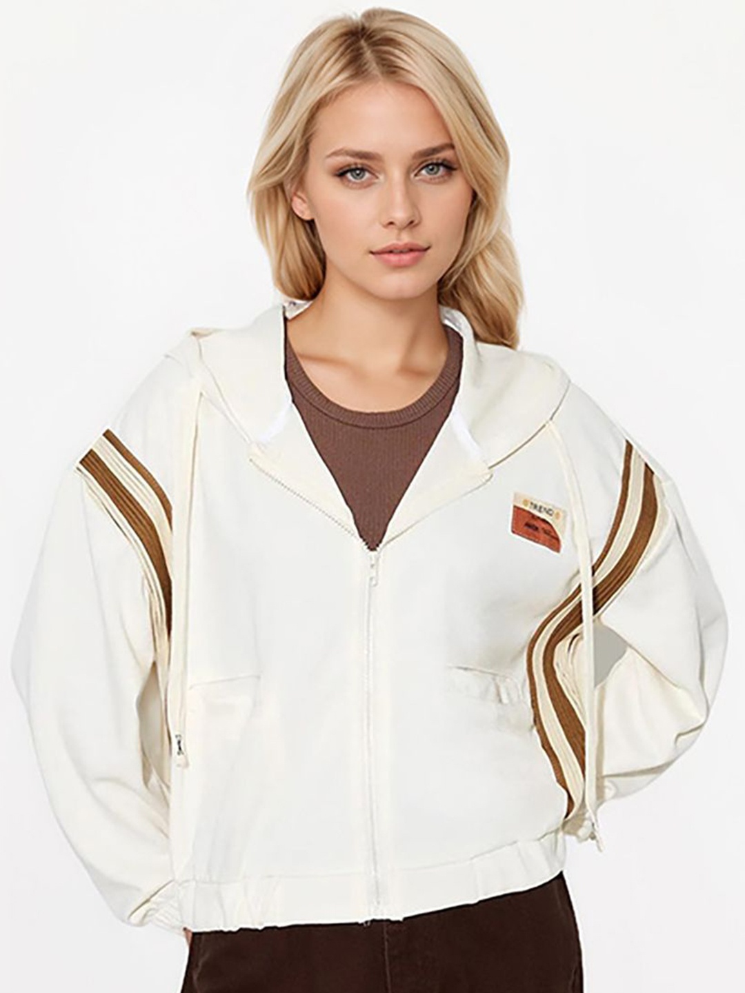 

JC Mode Women Hooded Striped Embroidered Casual Bomber Jacket, Off white