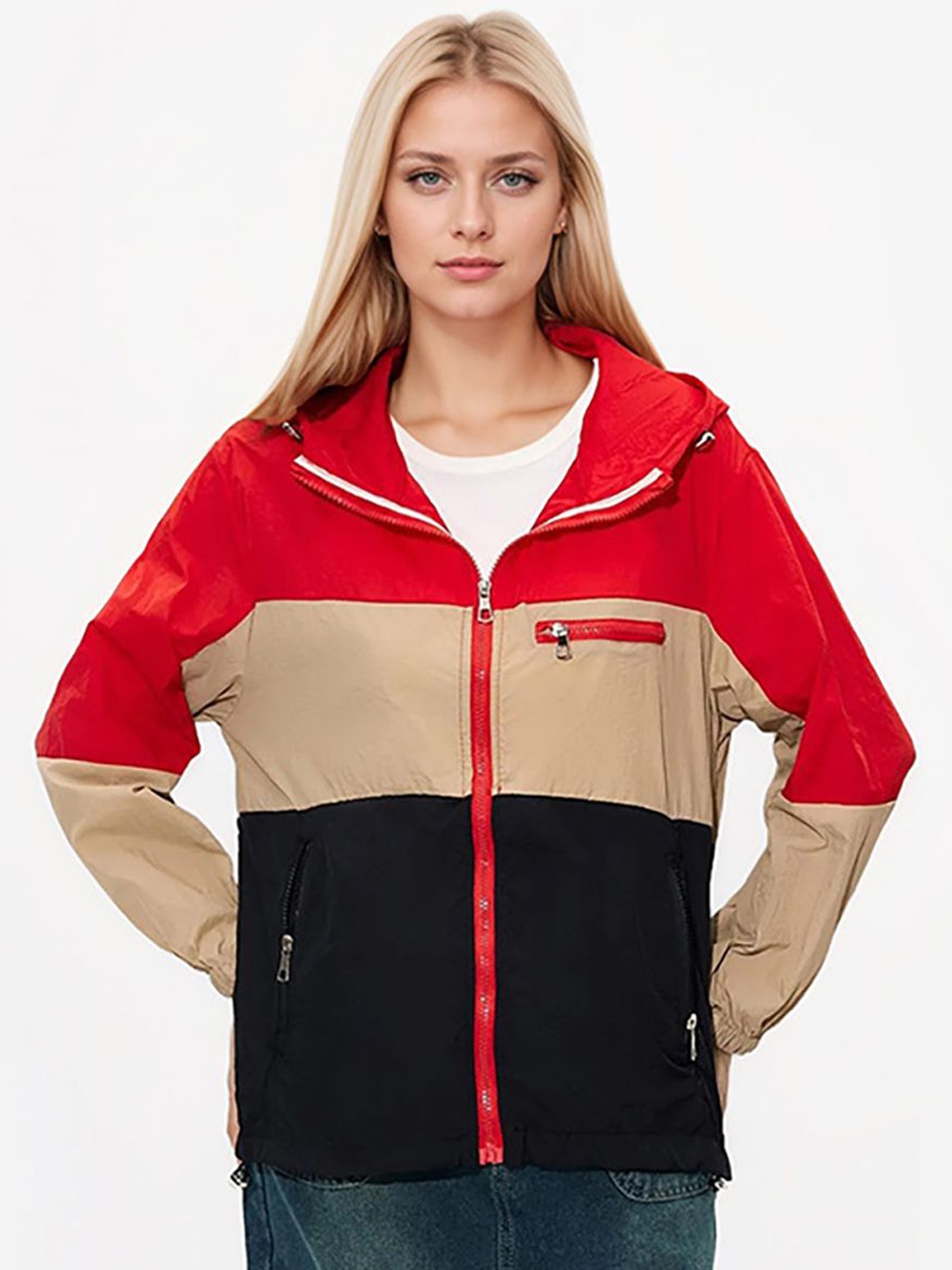 JC Mode Women Hooded Colourblocked Casual Bomber Jacket, Red