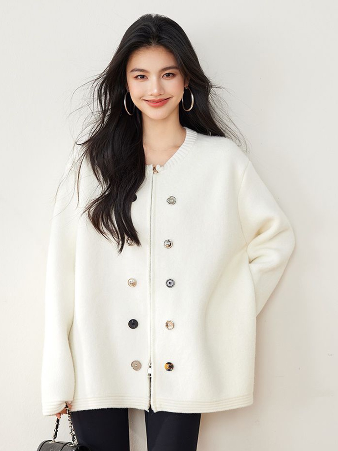 

JC Collection Women Round Neck Cardigan With Button Detailed, White