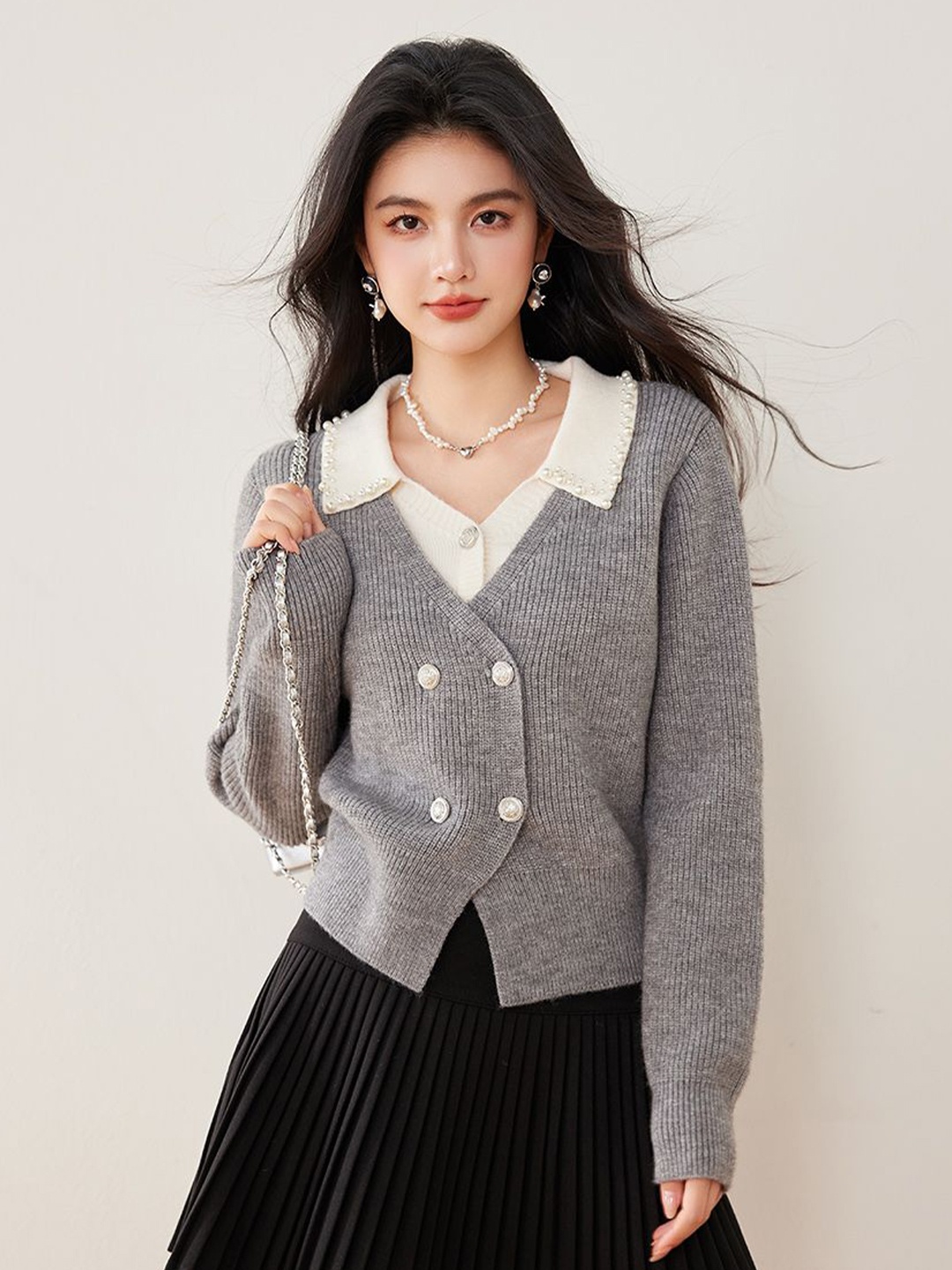

JC Collection Women Self Design Cable Knit Crop Cardigan, Grey