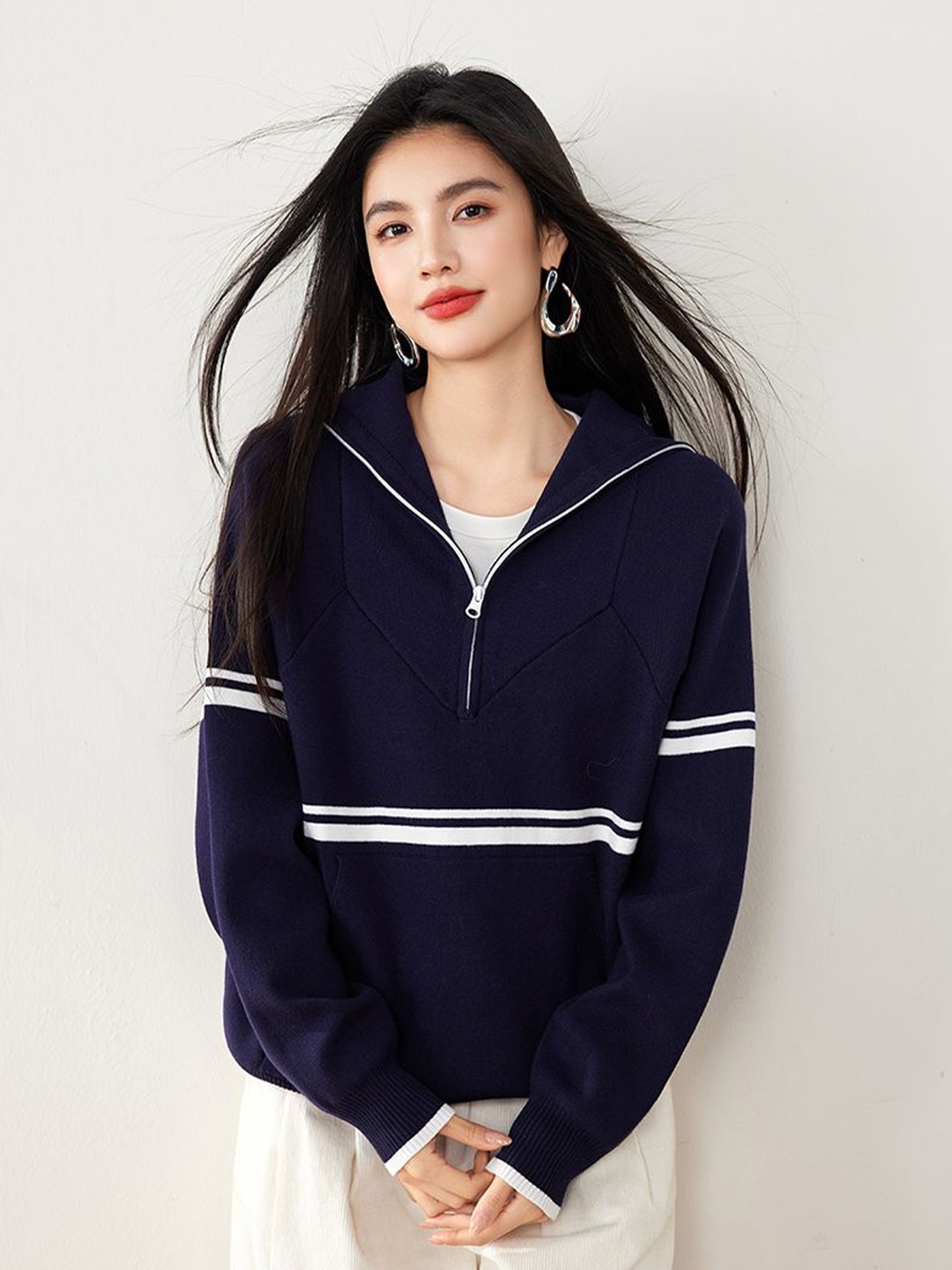 

JC Collection Women Striped Pullover, Navy blue